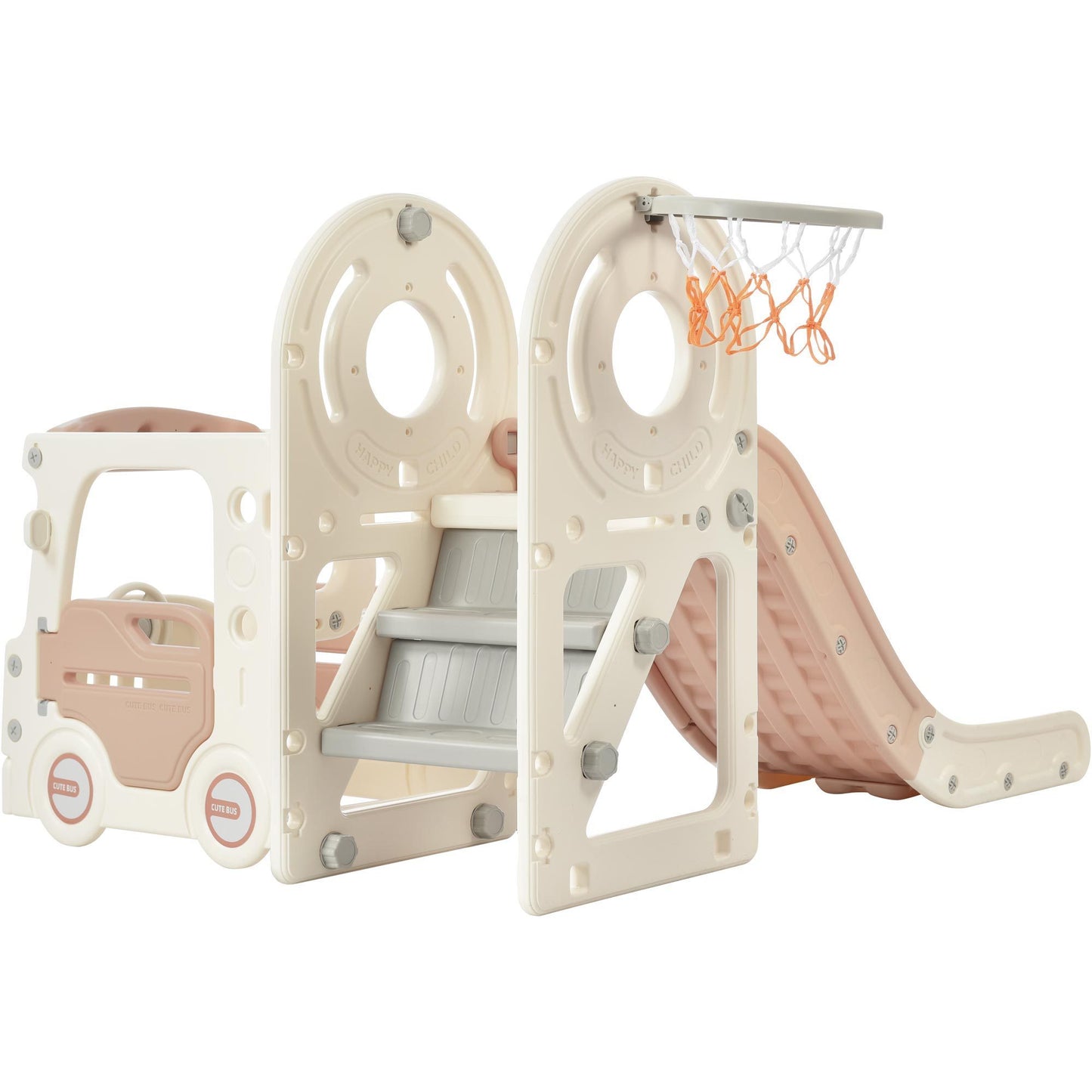 Bus-Themed Kids' Slide Set with Basketball Hoop and Freestanding Play Structure