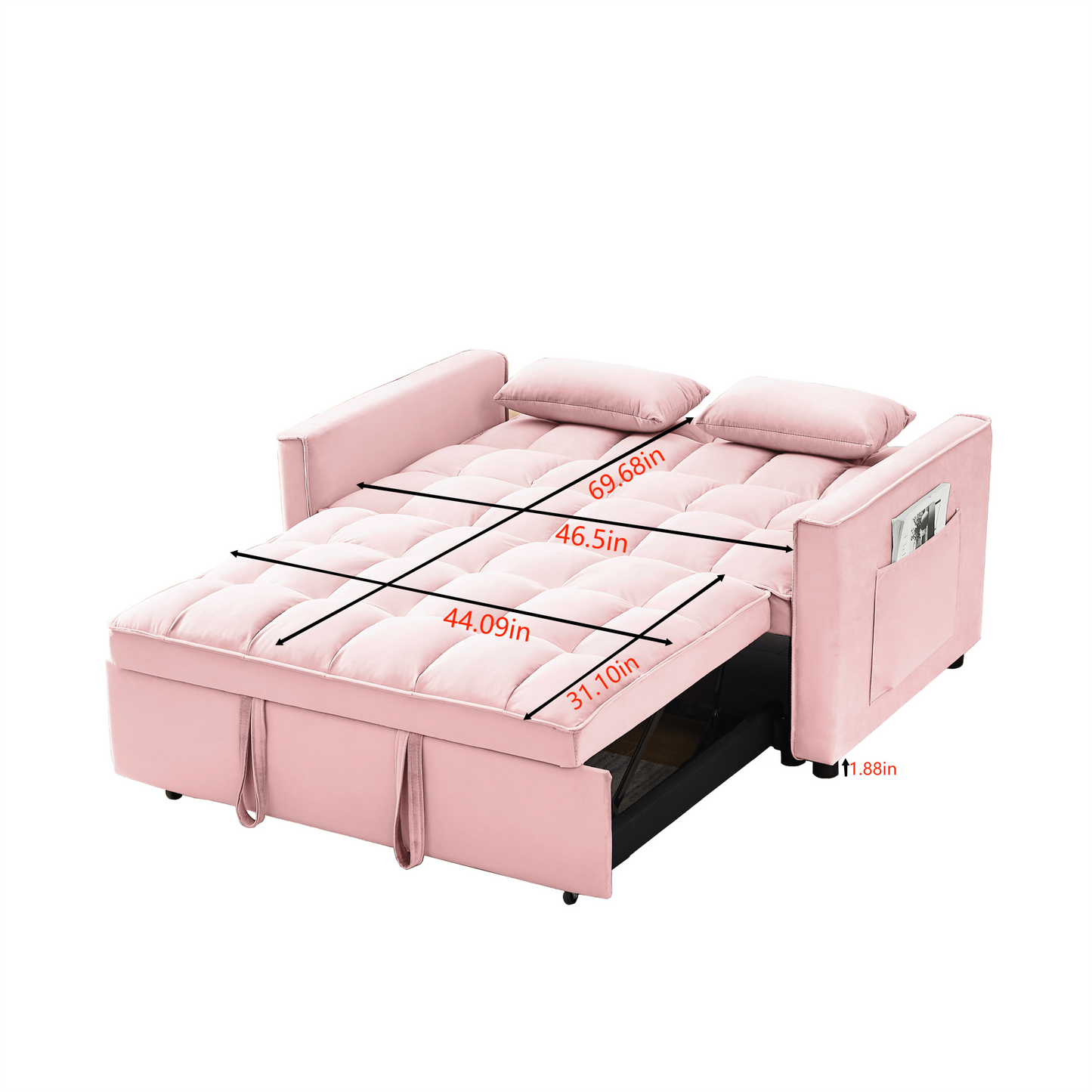 Modern Velvet Loveseat Futon Sofa Couch w/Pullout Bed, Small Love Seat Lounge Sofa w/Reclining Backrest, Toss Pillows, Pockets, Furniture for Living Room,3 in 1 Convertible Sleeper Sofa Bed,  pink