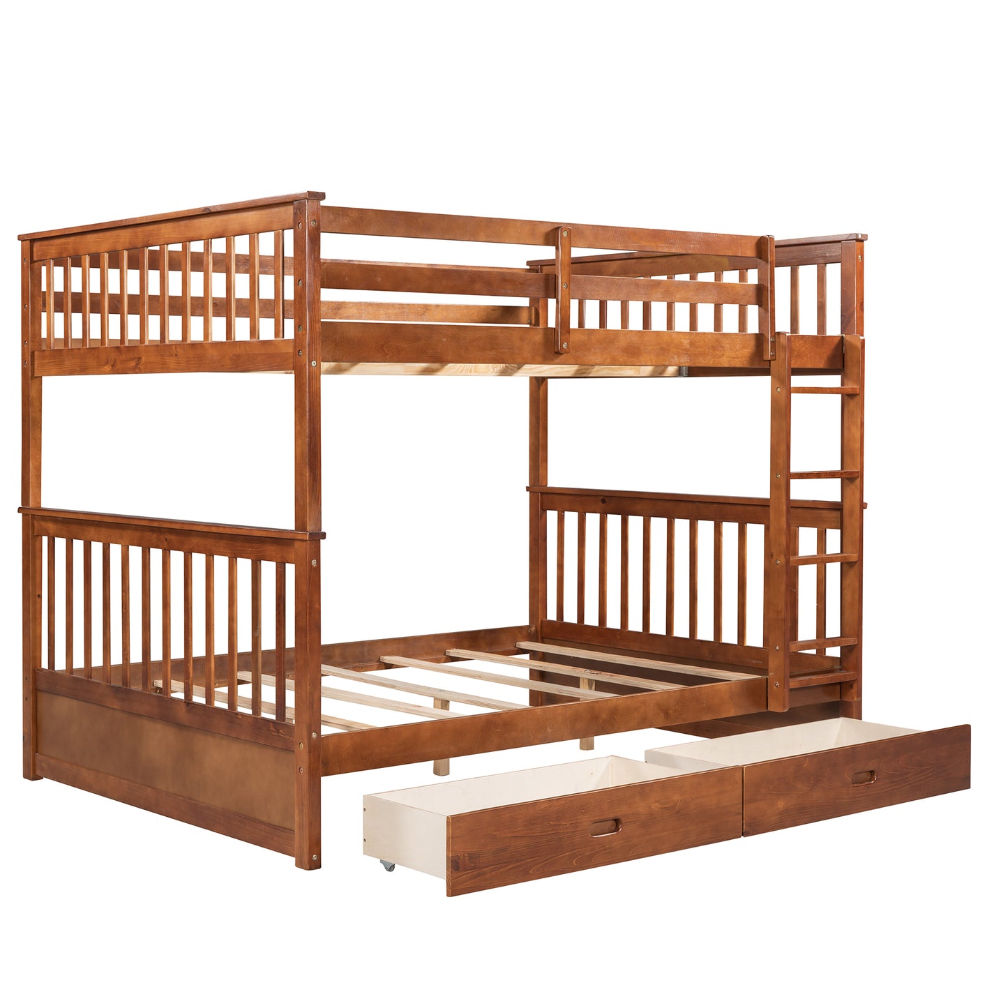 Full-Over-Full Walnut Bunk Bed with Two Storage Drawers and Ladder