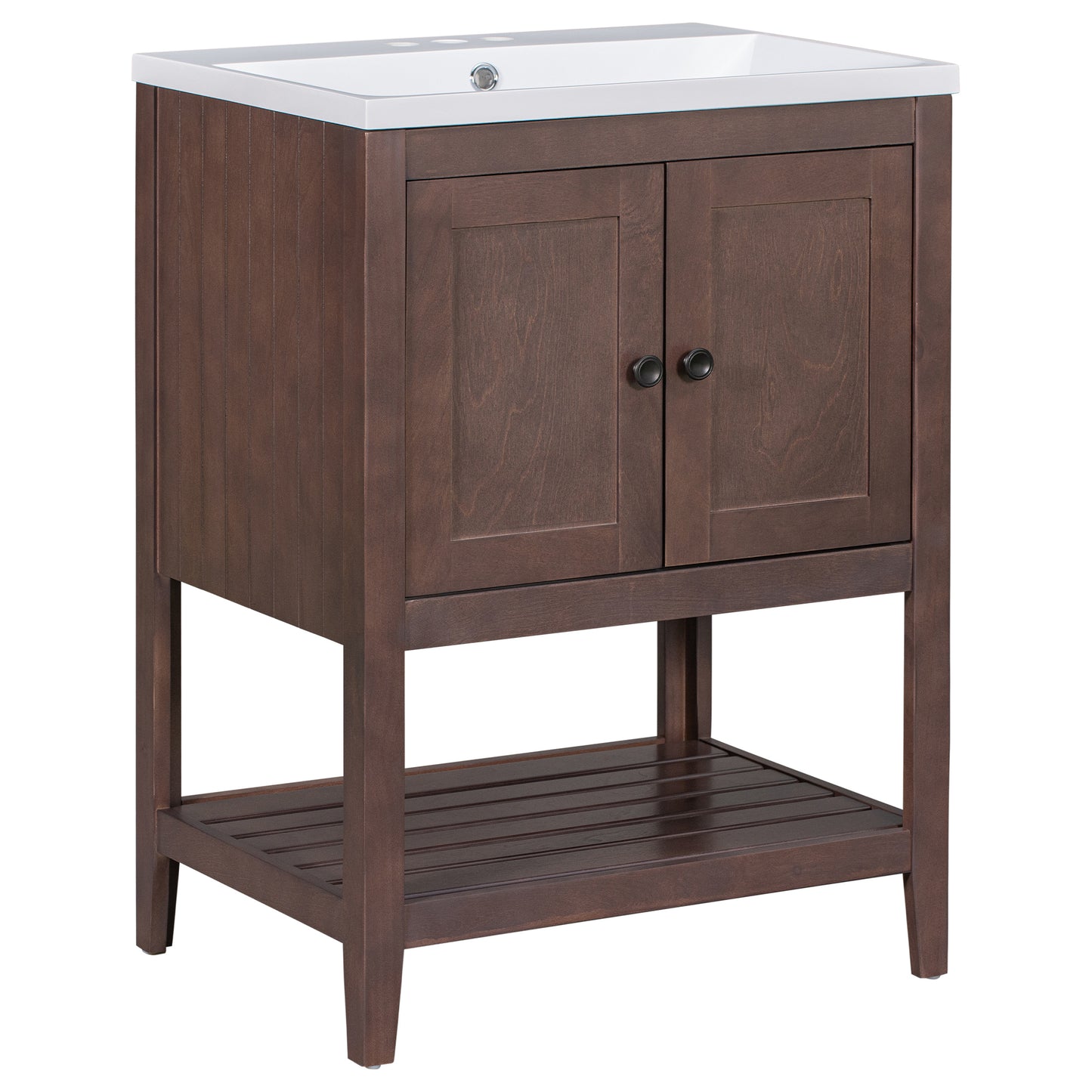 24" Brown Modern Sleek Bathroom Vanity Elegant Ceramic Sink with Solid Wood Frame Open Style Shelf