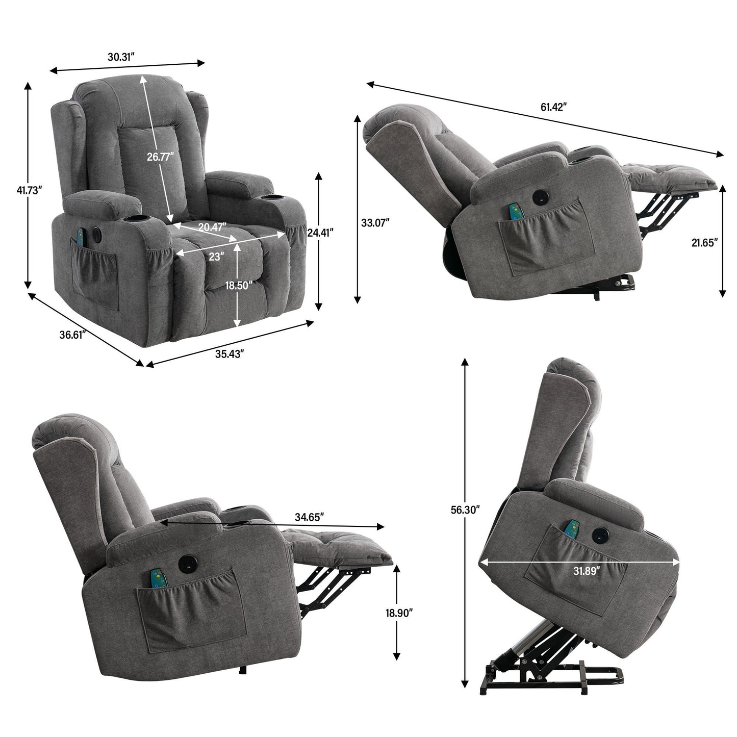 Elderly-Friendly Grey Power Lift Recliner Chair with Heat and Massage