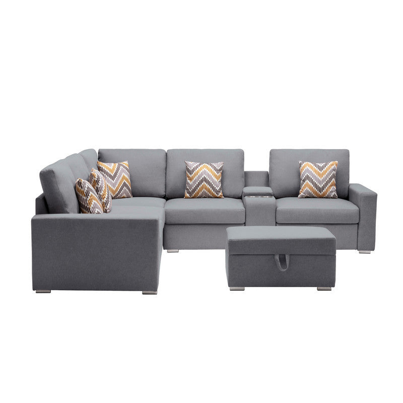 Modular Gray Linen Sectional Sofa Set with Storage Ottoman and Charging Ports