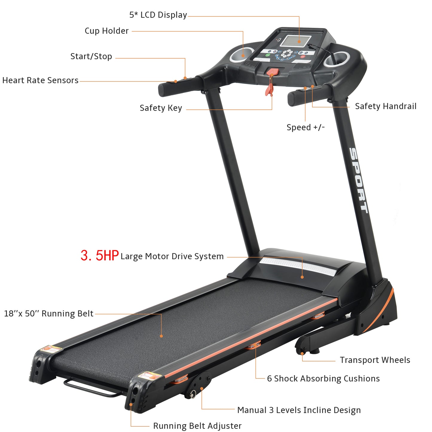 Folding Electric 3.5HP Treadmill With Incline Medium Running Machine Motorised LCD Gym 330lbs Folding Treadmill Electric Motorized Power 14.8KM/H Running Fitness Machine Gym(W54022178 Upgrade)