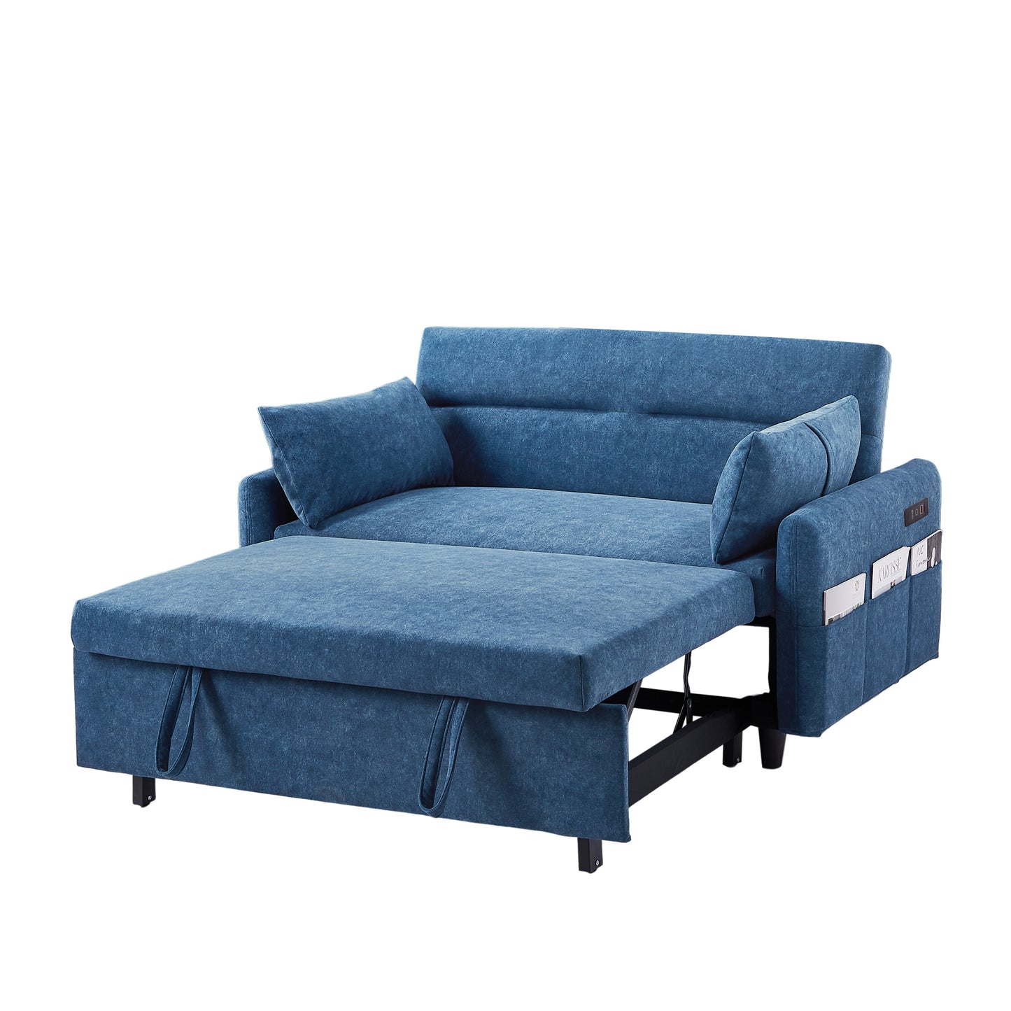 55.1 Blue Pull Out Sleeper Loveseat Sofa Bed with Adjustable Backrest and USB Ports