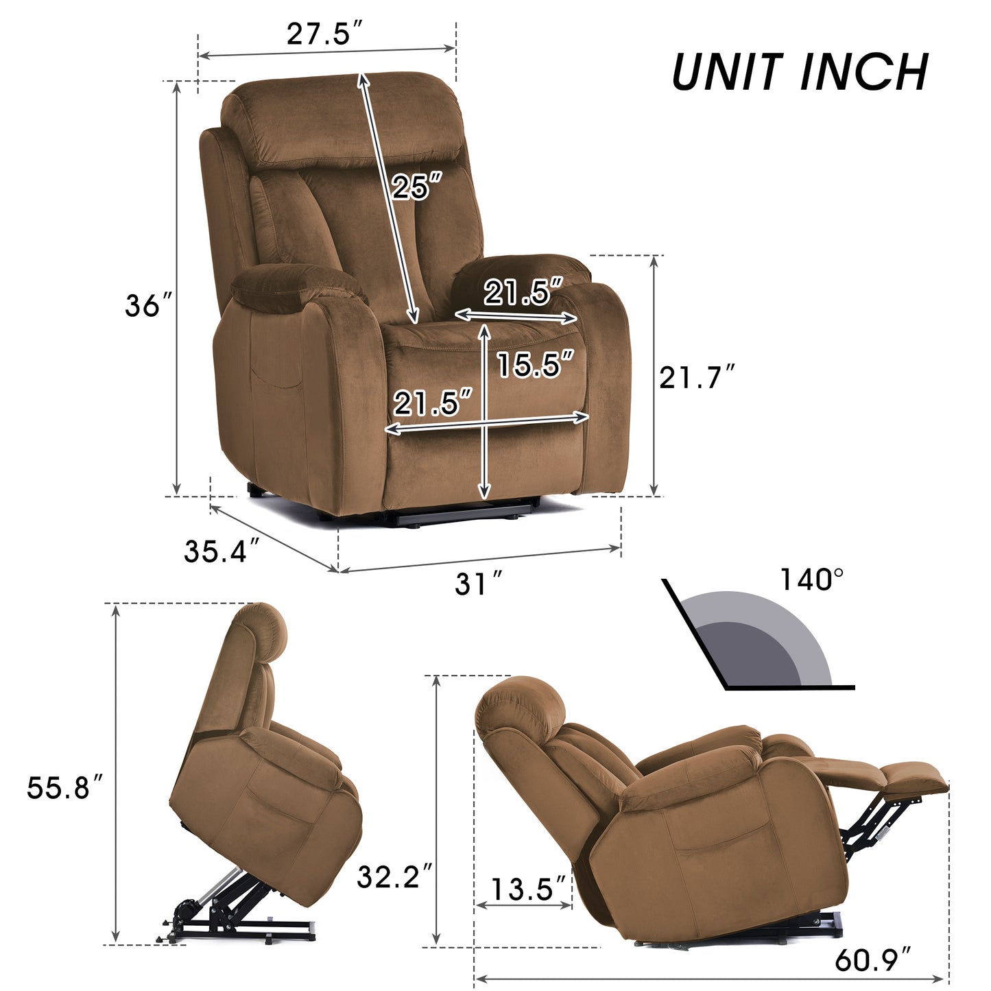 Electric Lift Chair Recliner with Remote Control and Soft Cashmere Fabric - Brown