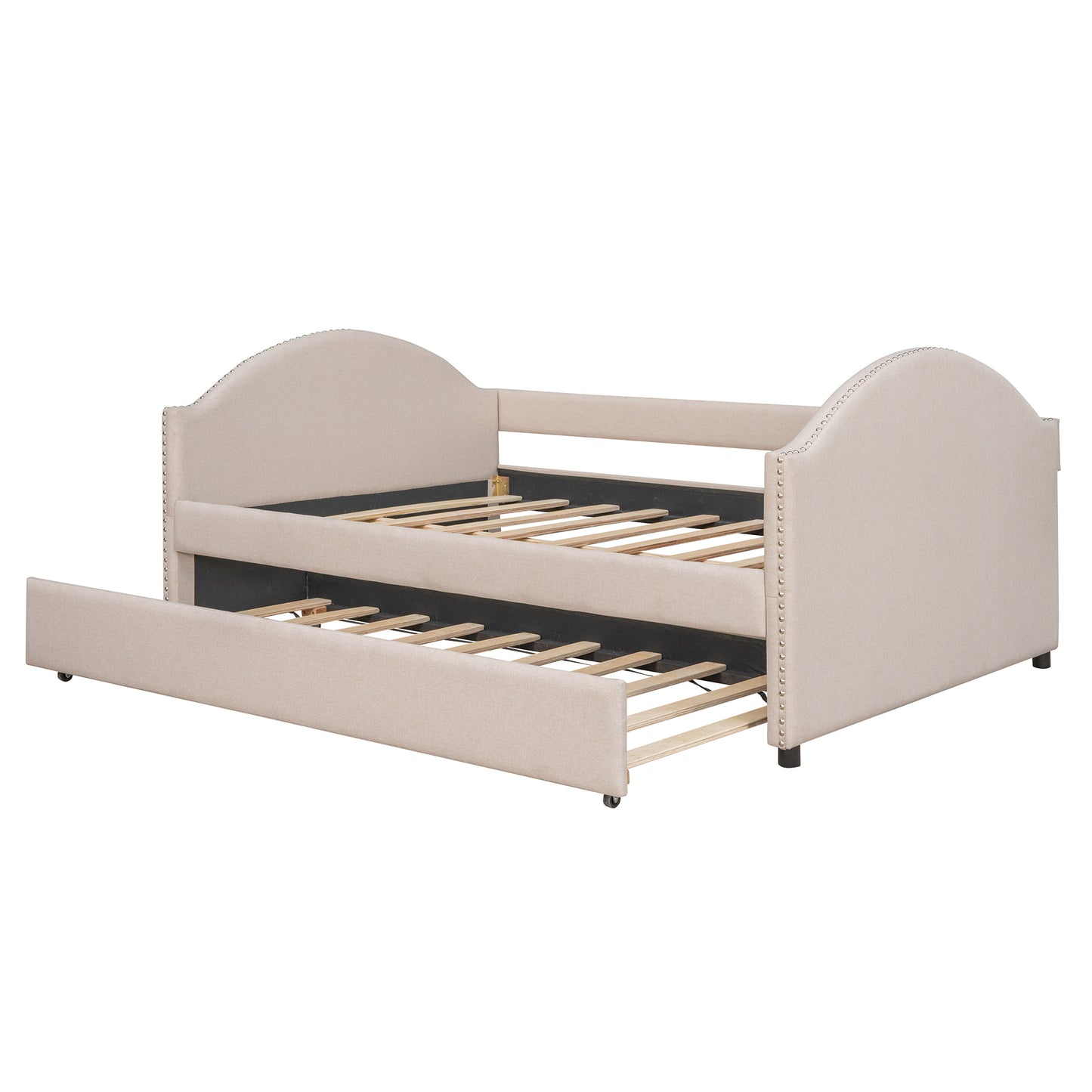 Full size Upholstered Daybed with Twin Size Trundle, Wood Slat Support, Beige