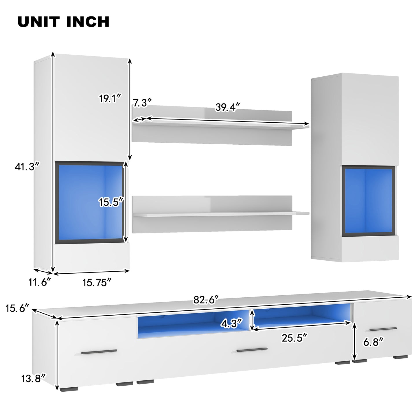 Elegant White Floating TV Stand Set with LED Lights - Versatile Minimalist Entertainment Center for Large TVs