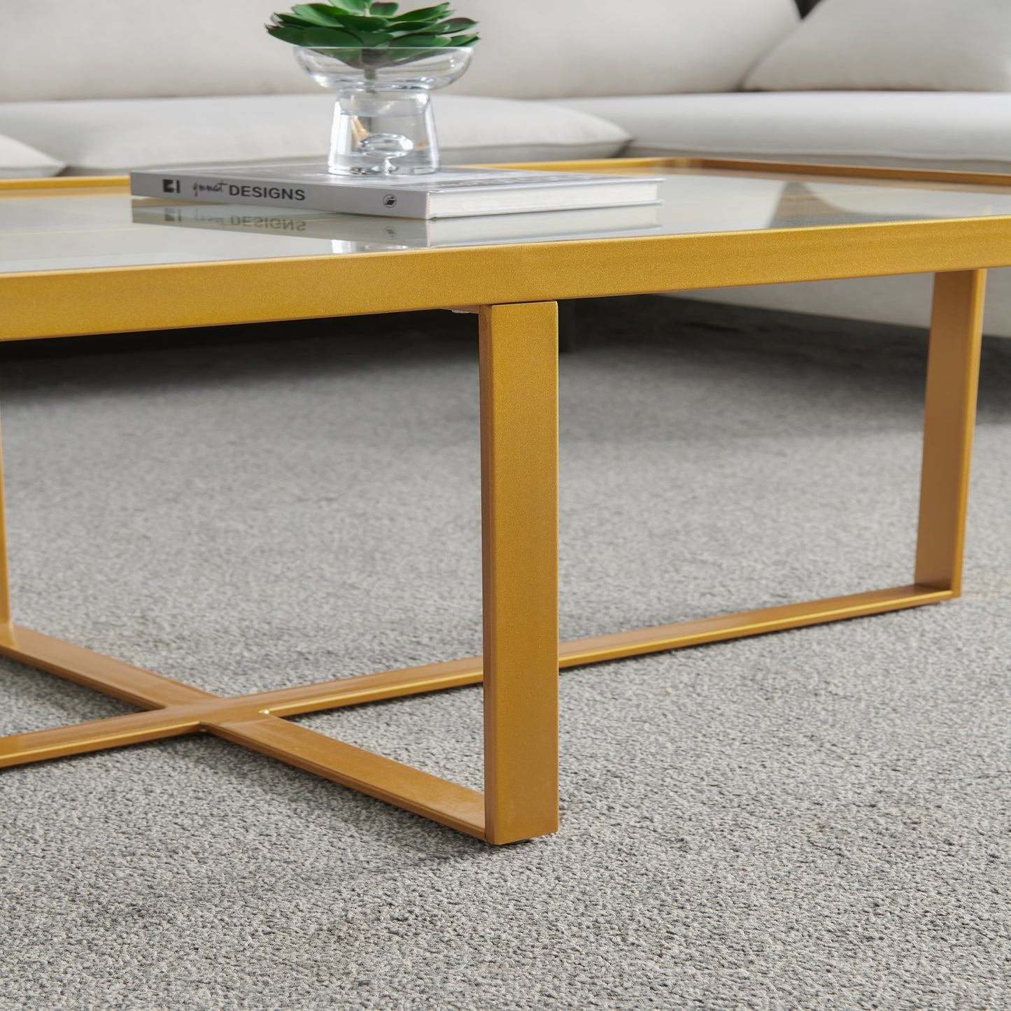 Sleek Rectangle Coffee Table with Golden Metal Frame and Tempered Glass Tabletop