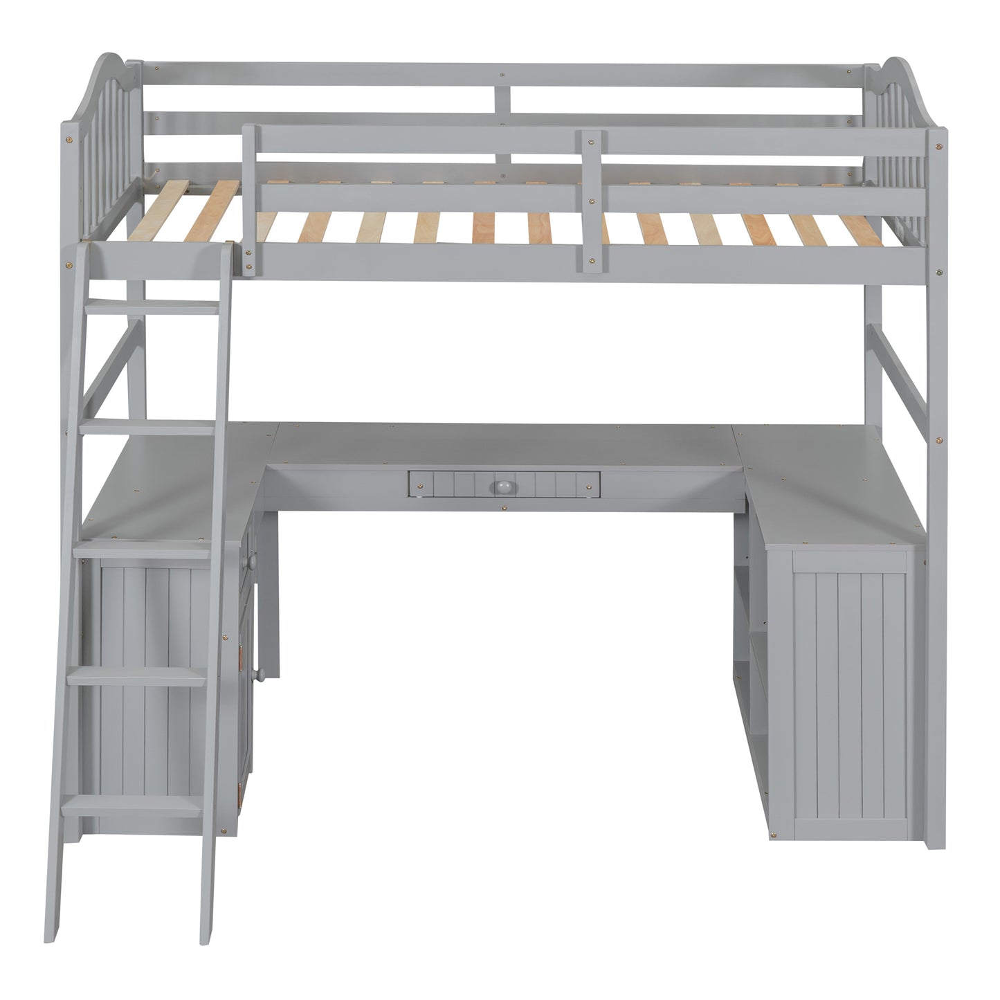 Twin size Loft Bed with Drawers, Cabinet, Shelves and Desk, Wooden Loft Bed with Desk - Gray( :LT000505AAE)