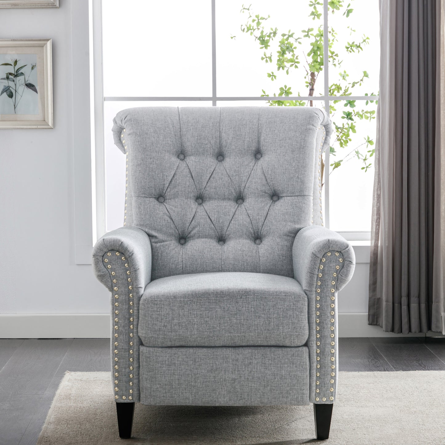 Elegant Gray Linen Recliner Sofa with Tufted Back and Nailheads Roll Arm