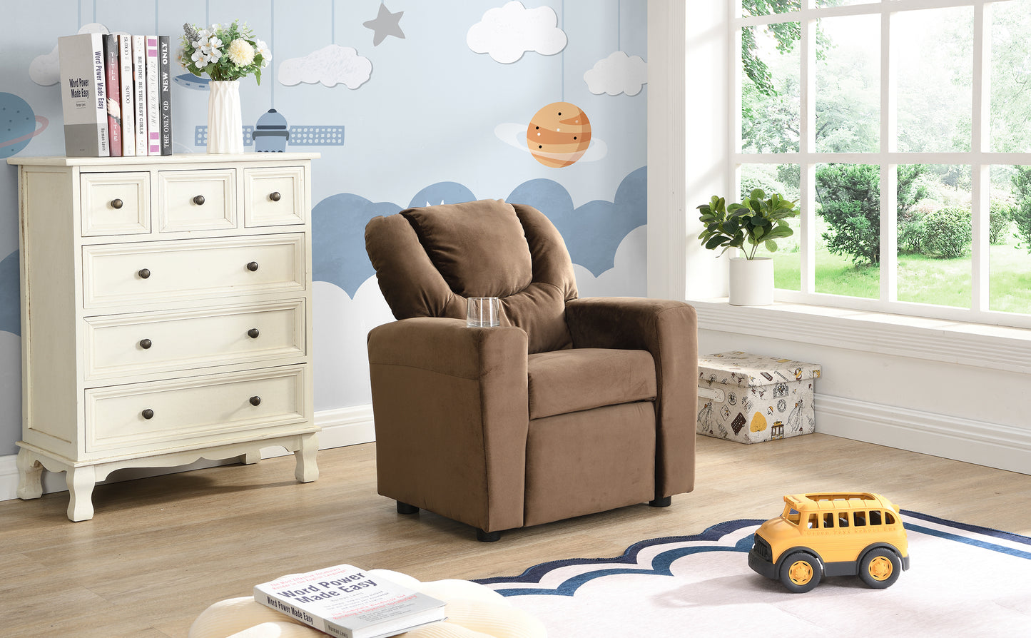 Kids Velvet Recliner Chair with Cup Holder and Footrest