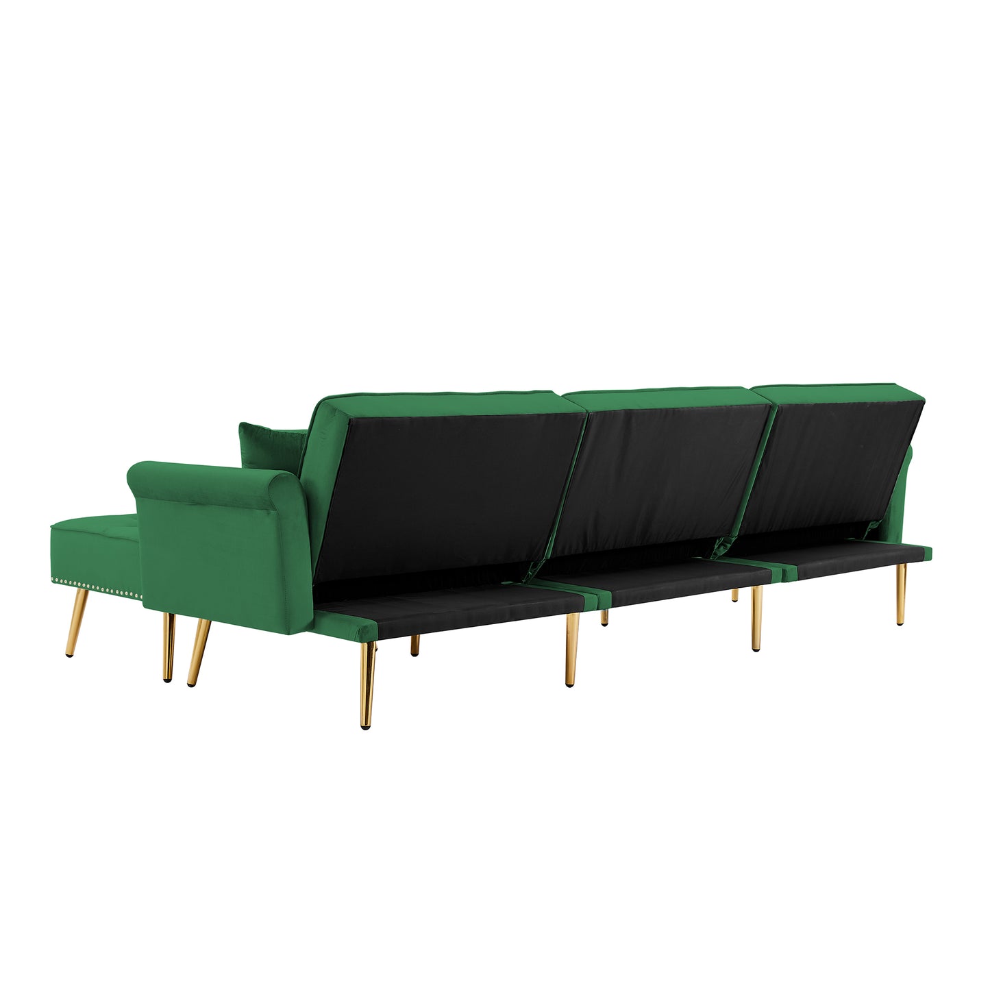 Modern Velvet Upholstered Reversible Sectional Sofa Bed , L-Shaped Couch with Movable Ottoman and Nailhead Trim For Living Room. (Green)