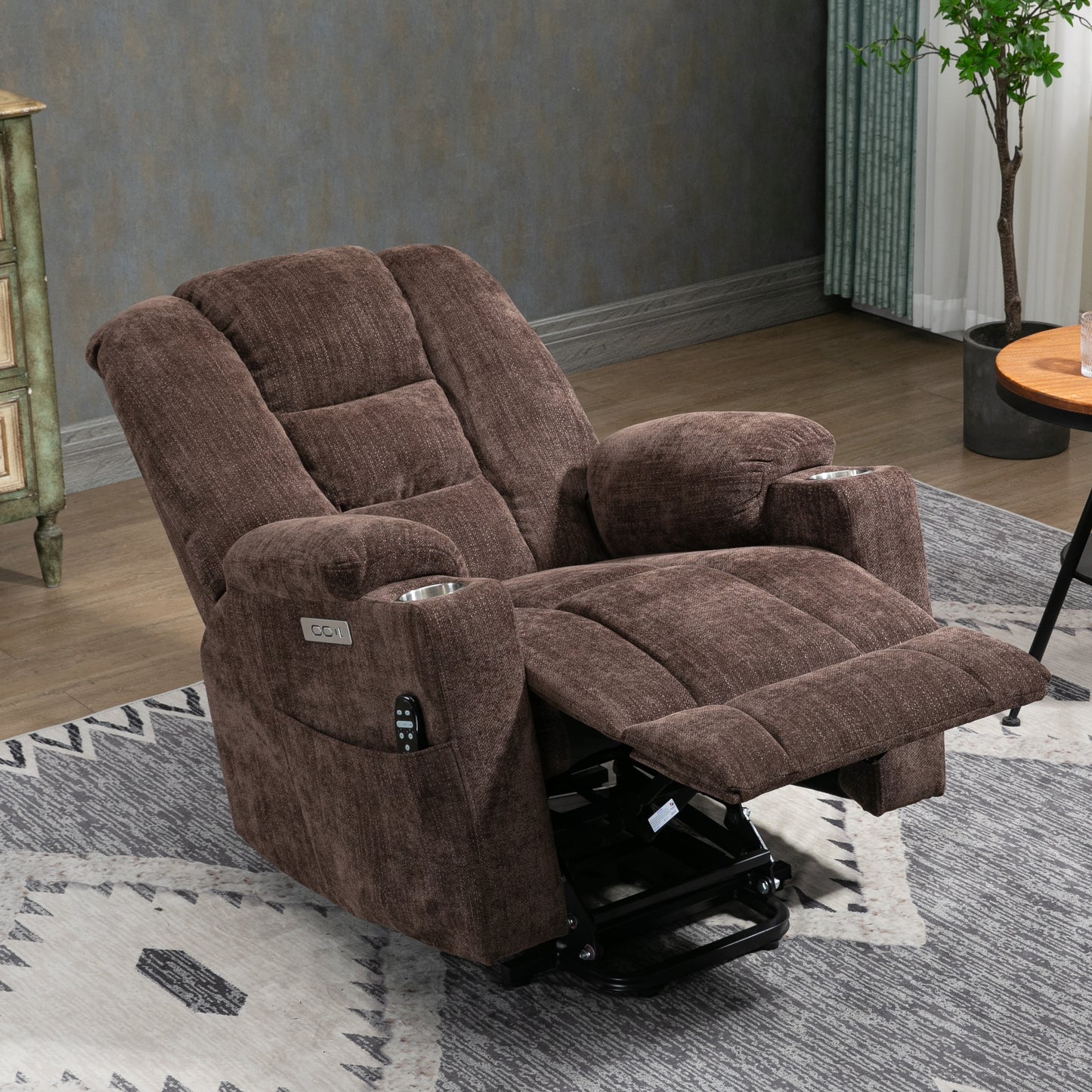 EMON'S Large Power Lift Recliner Chair with Massage and Heat, Overstuffed Wide Recliner with USB and Type C Ports, Brown