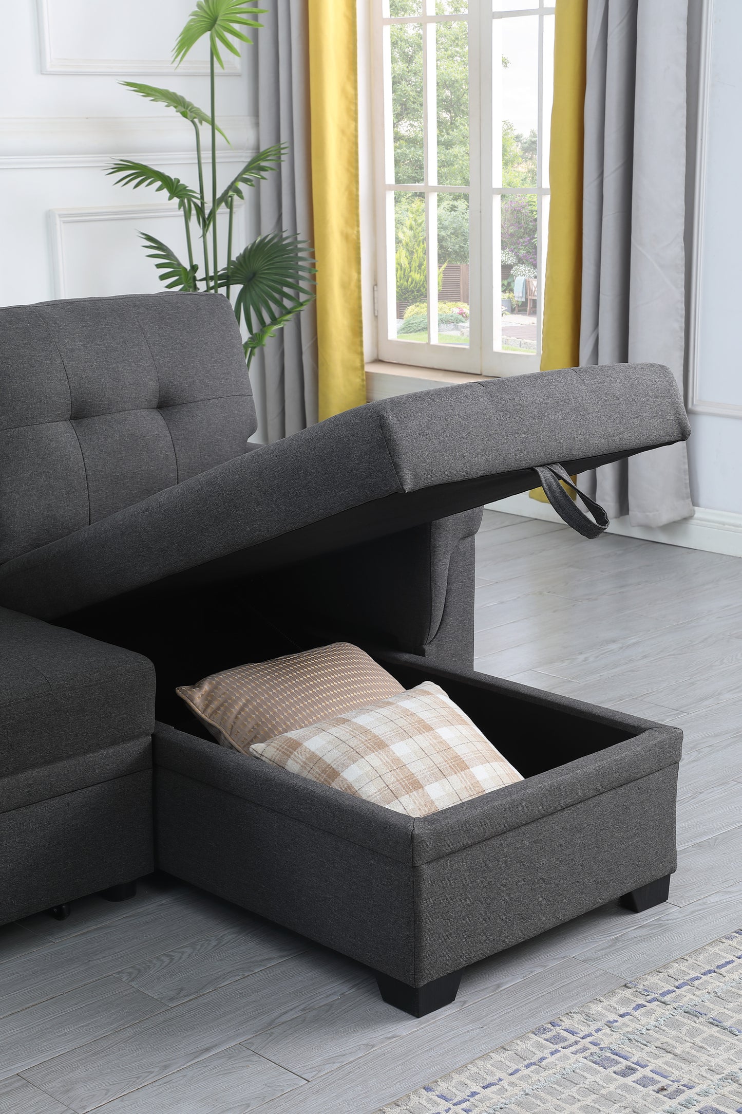 Lucca Dark Gray Linen Sectional Sofa with Reversible Sleeper Chaise and Storage