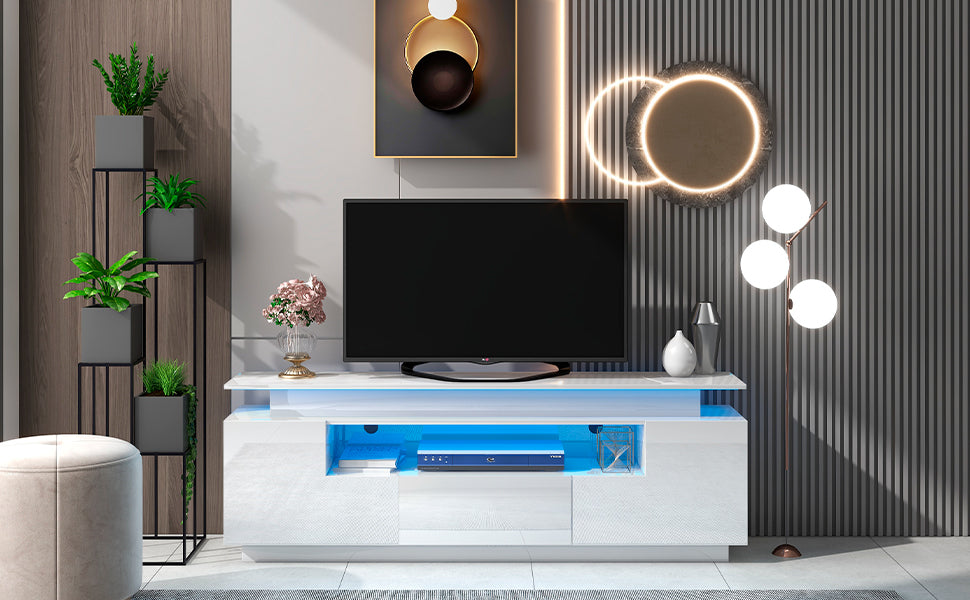 Sleek White LED TV Stand with Color Changing Lights & Ample Storage Space