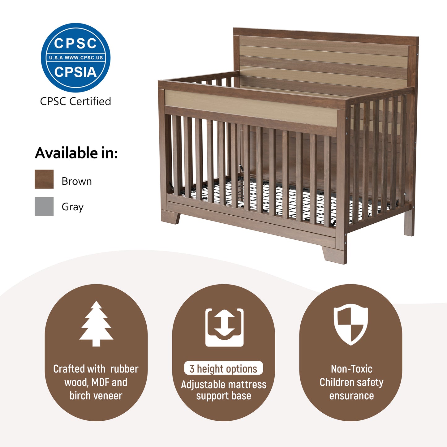 Certified Baby Safe Crib, Pine Solid Wood, Non-Toxic Finish, Brown