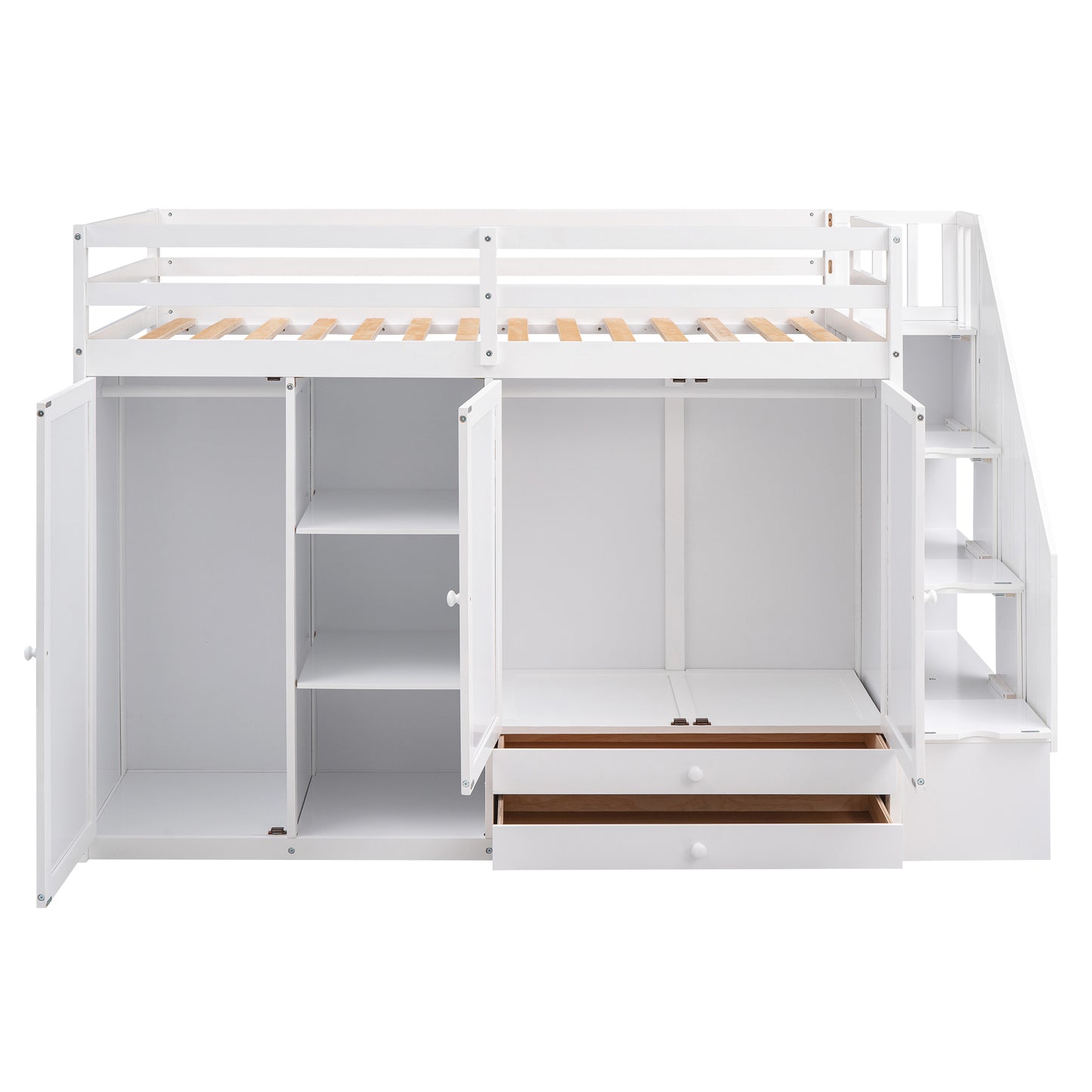 Functional Loft Bed with 3 Shelves, 2 Wardrobes and 2 Drawers,  Ladder with Storage, No Box Spring Needed, White