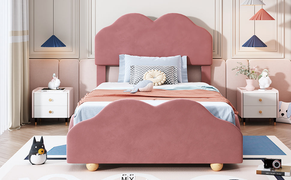 Twin Size Upholstered Platform Bed with Cloud Shaped bed board, Dark Pink