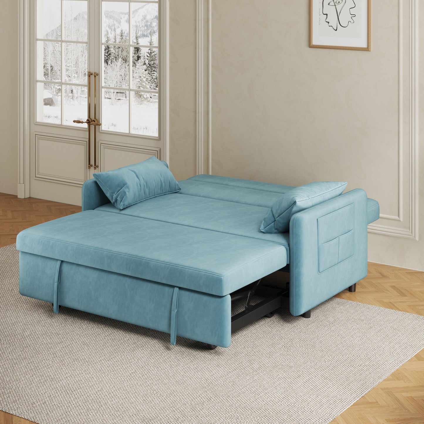 Sofa Pull Out Bed Included Two Pillows 54" Velvet Sofa for Small Spaces Teal