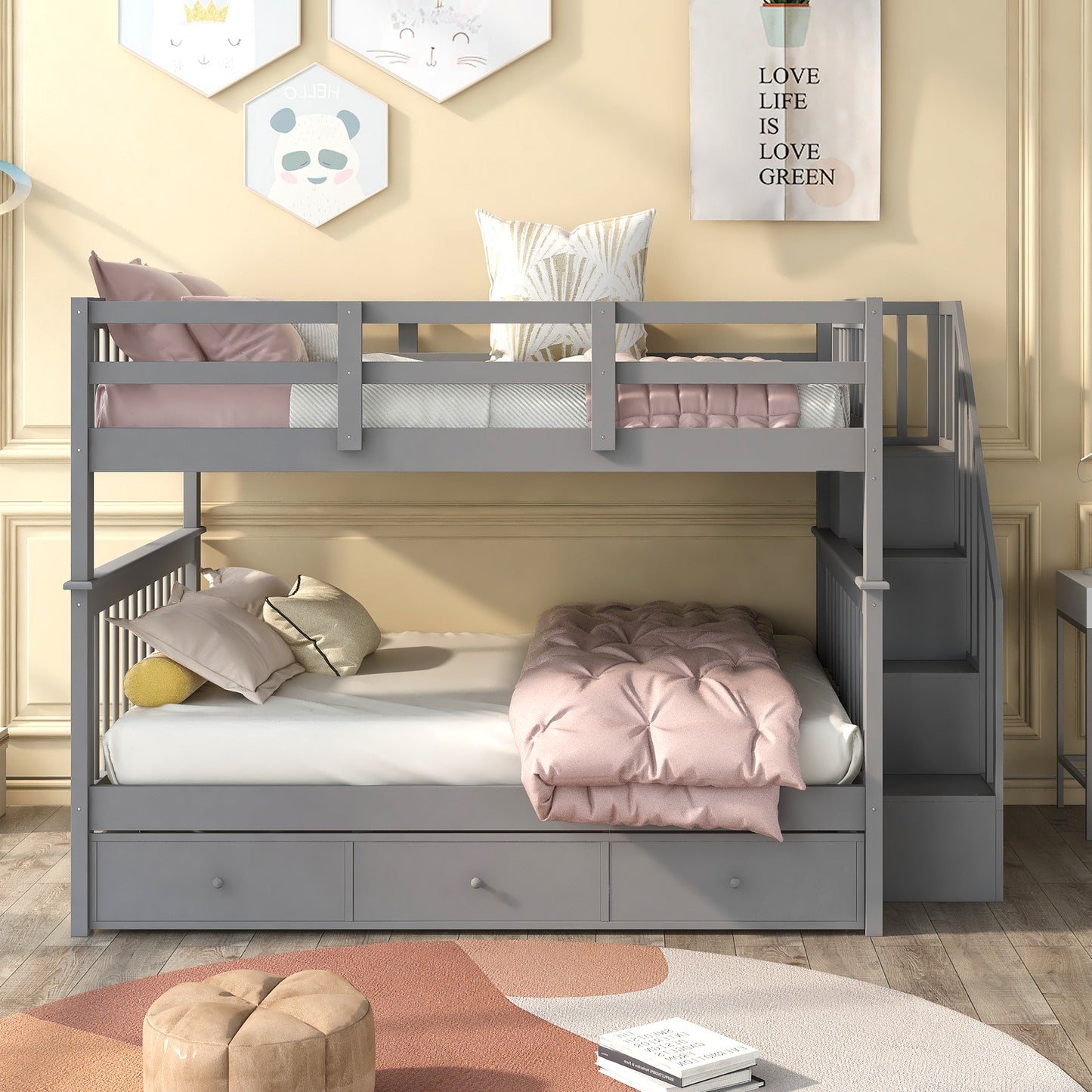 Gray Full-Over-Full Bunk Bed with Staircase, Drawer, and Storage