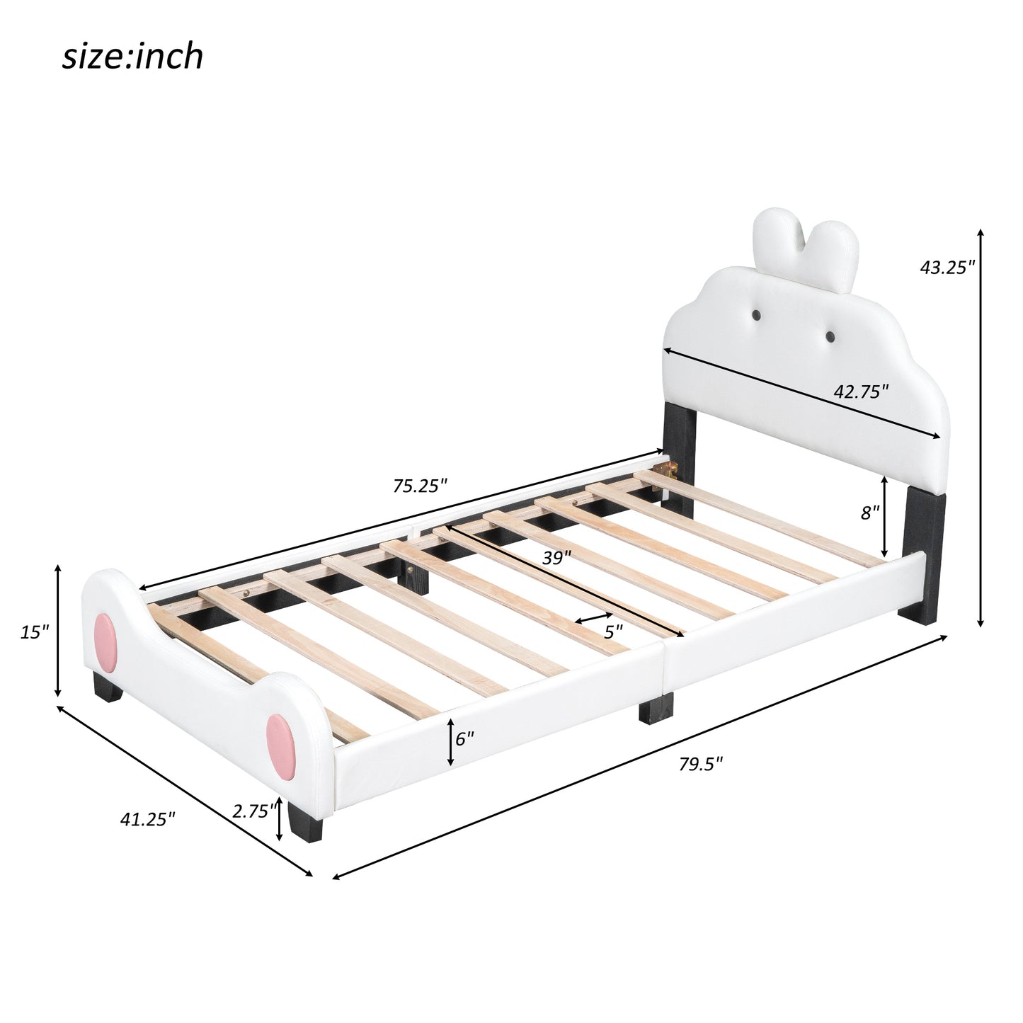 Twin Size Upholstered Platform Bed with Cartoon Headboard and Footboard, White+Pink