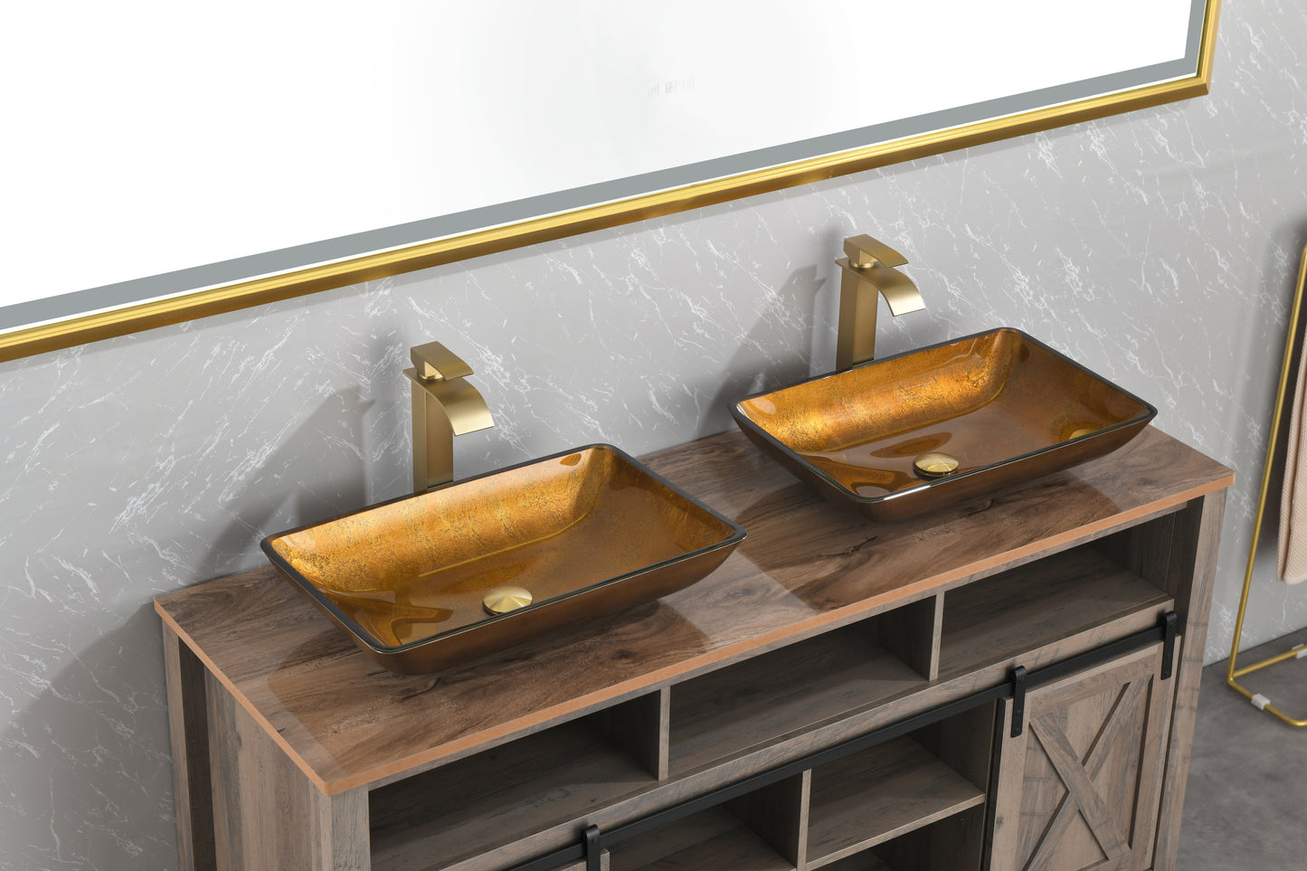 Gold Glass Rectangular Vessel Bathroom Sink Set with Faucet and Pop-Up Drain