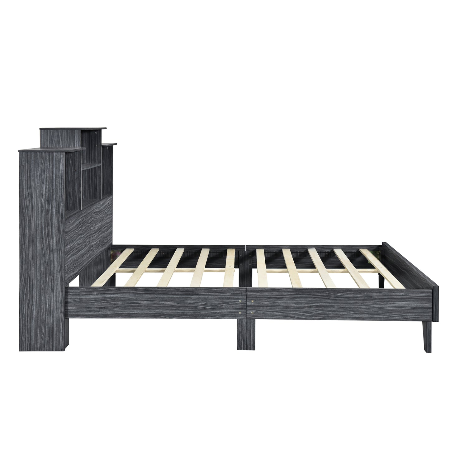 Full Size Storage Platform Bed Frame with 4 Open Storage Shelves and USB Charging Design,Gray