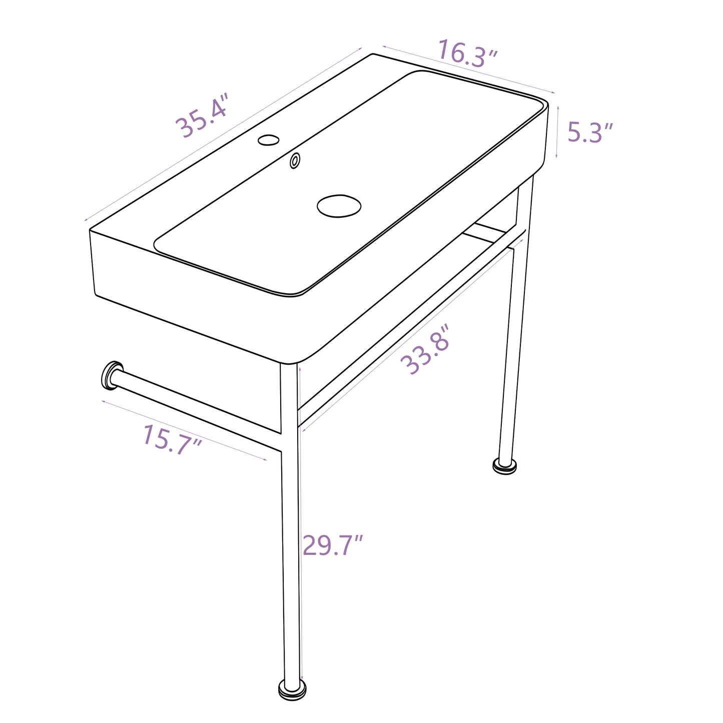 35" Bathroom Console Sink with Overflow,Ceramic Console Sink White Basin Polished Nicke Legs