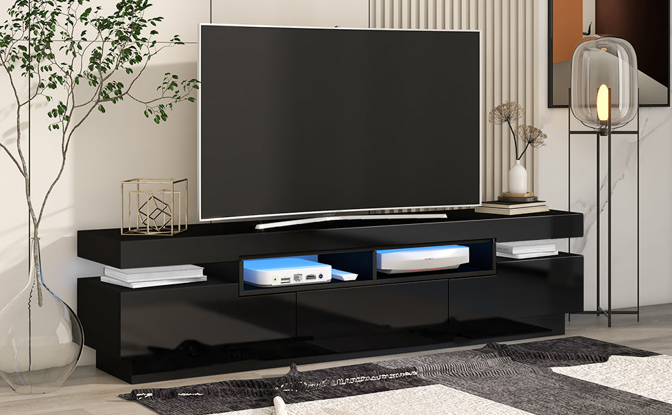 Sleek Black TV Stand with LED Lighting and Multi-Storage Options for 75 Inch TV