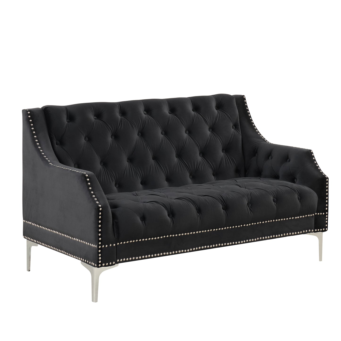 Button Tufted Modern Plush Upholstered Sofa with Metal Legs - Black, 55.5