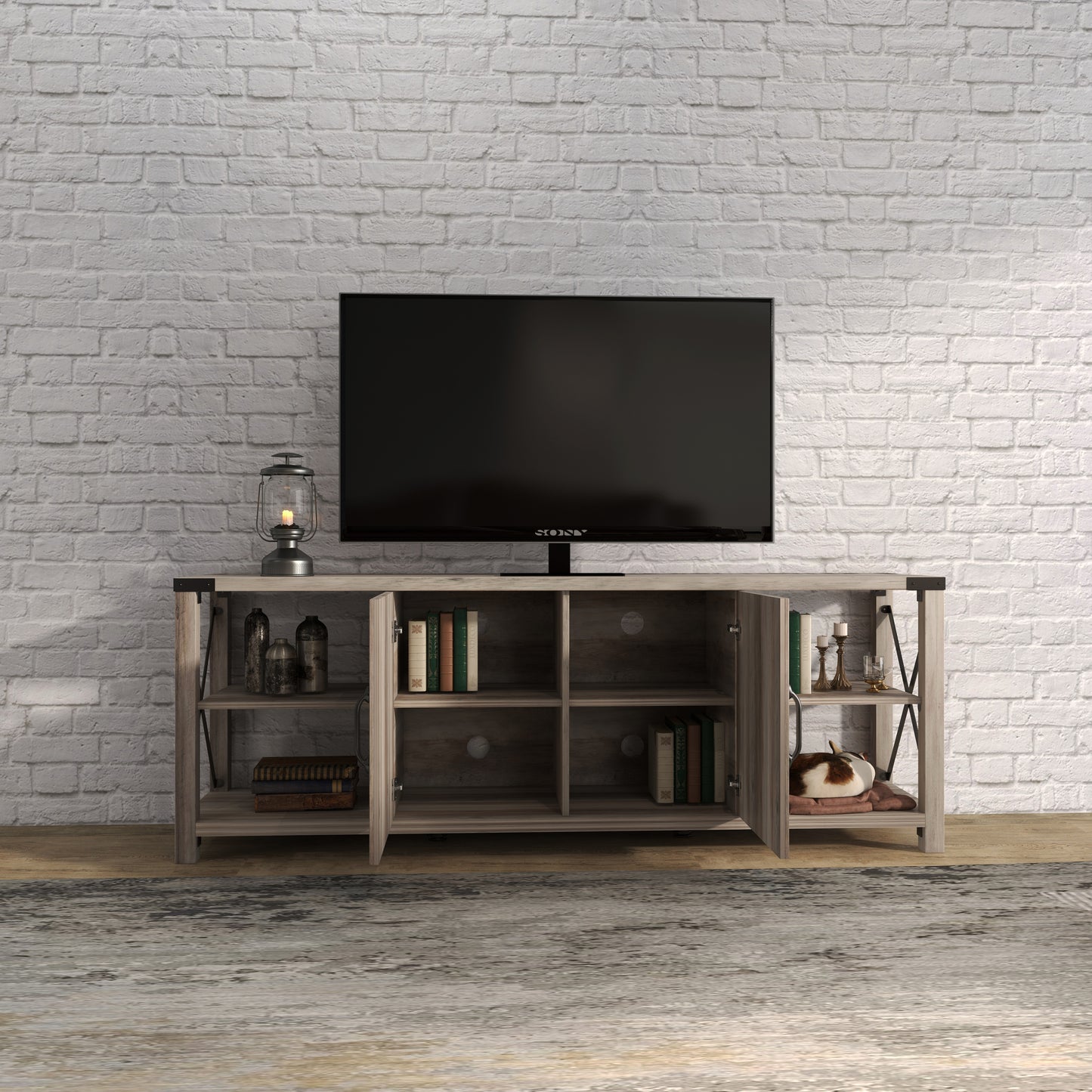 Rustic Grey Walnut TV Stand with Storage Shelves and Cabinets