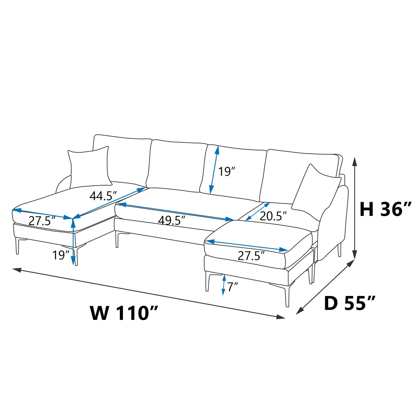 110 Wide Blue Reversible Sectional Sofa with Ottoman and Pillows