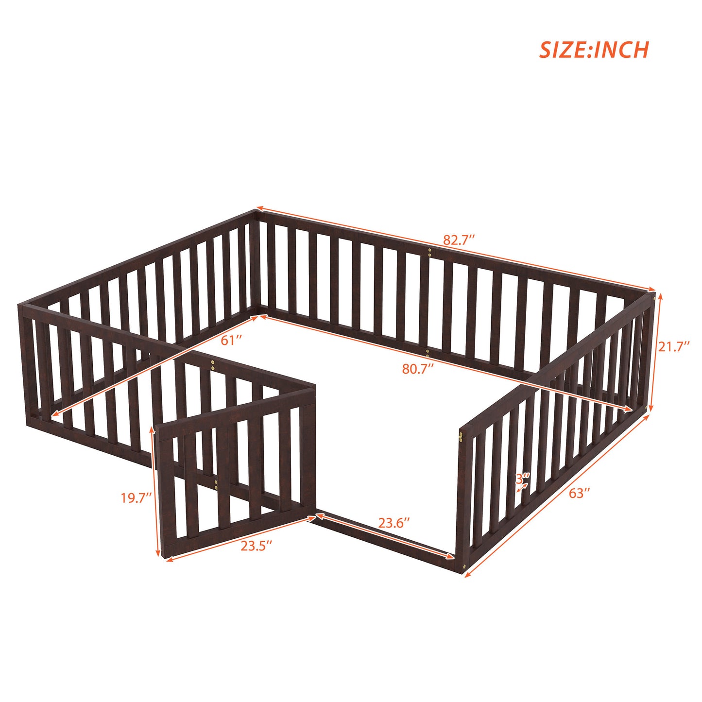 Queen Size Wood Floor Bed Frame with Fence and Door, Walnut