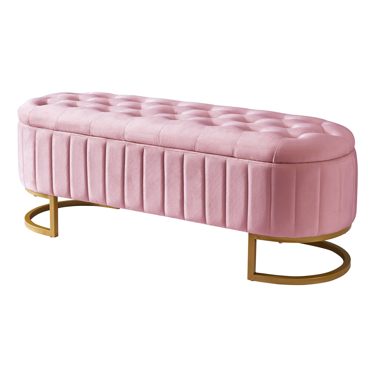 Elegant Upholstered Velvet Storage Ottoman with Button-Tufted,Storage Bench with Metal Legs for Bedroom,Living Room,Fully Assembled Except Legs,Pink