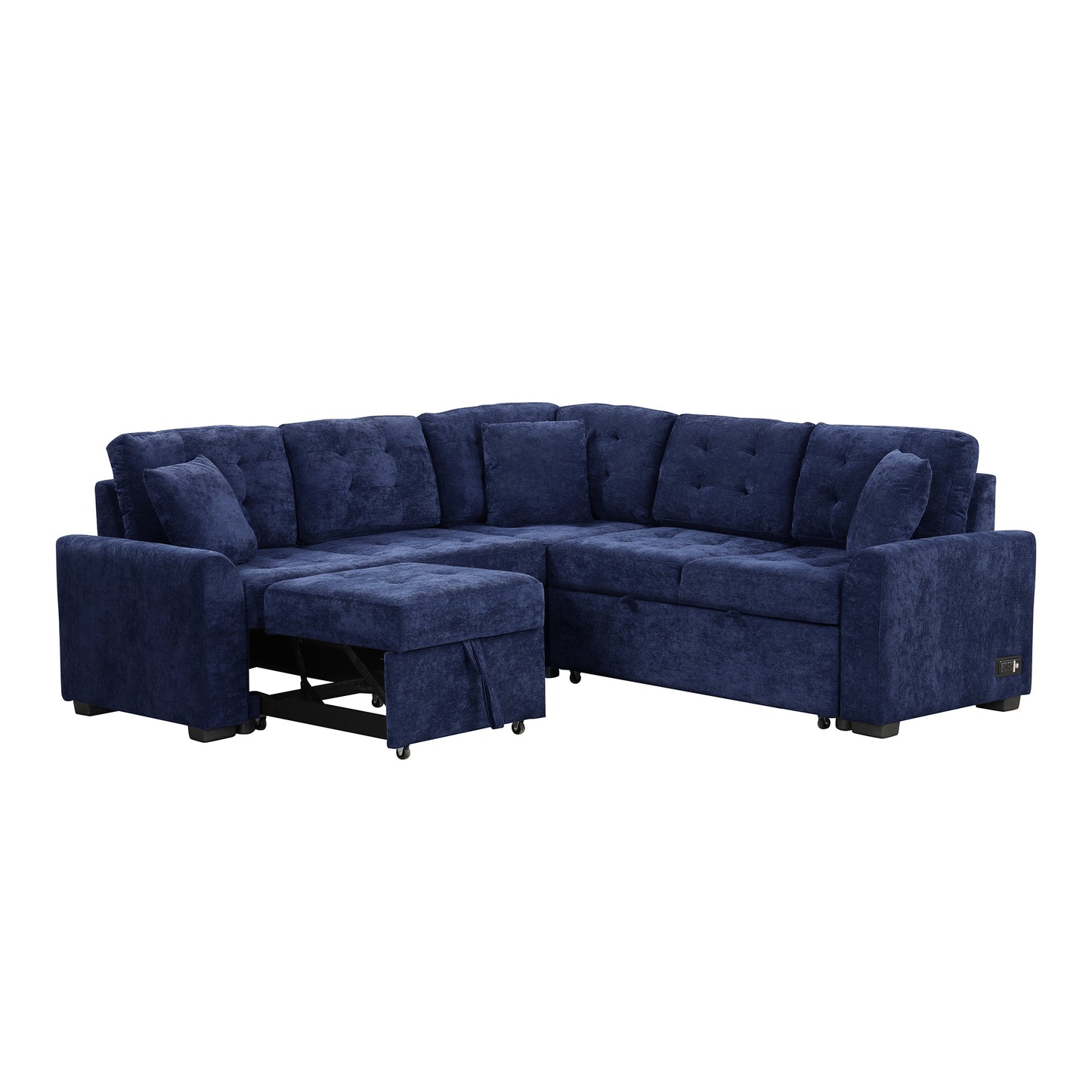 Convertible Navy Blue L-Shape Sleeper Sofa with USB Ports and Power Sockets