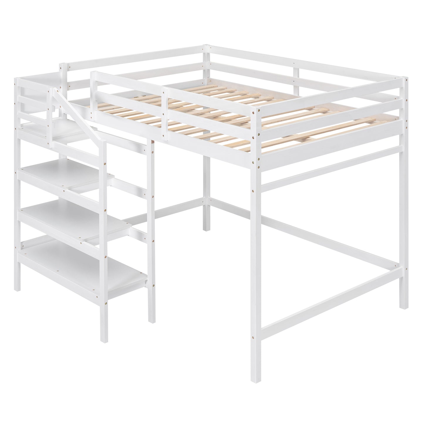 Full Size Loft Bed with Built-in Storage Staircase and Hanger for Clothes, White