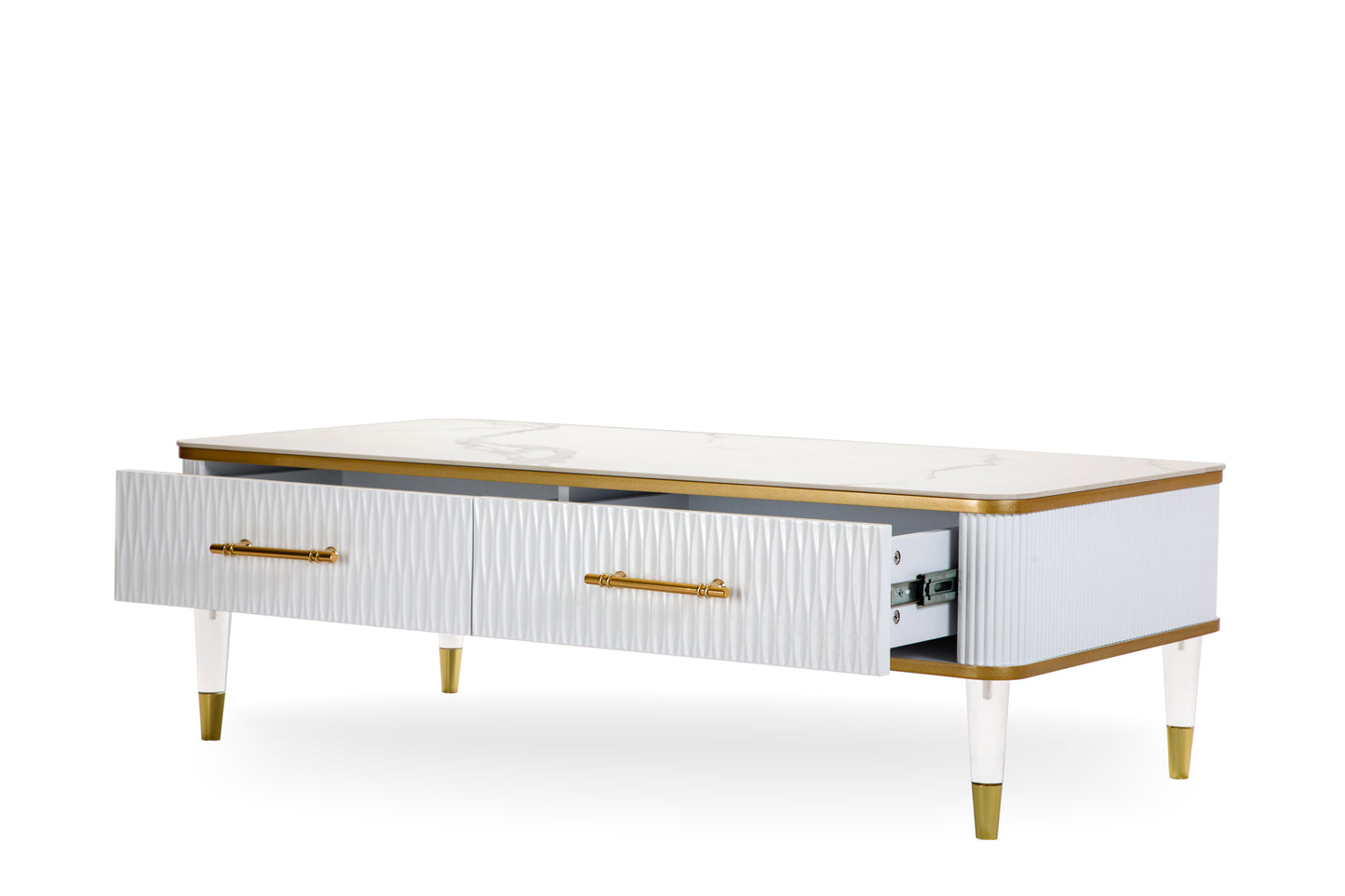 Contemporary White and Gold Stone Coffee Table with Drawer