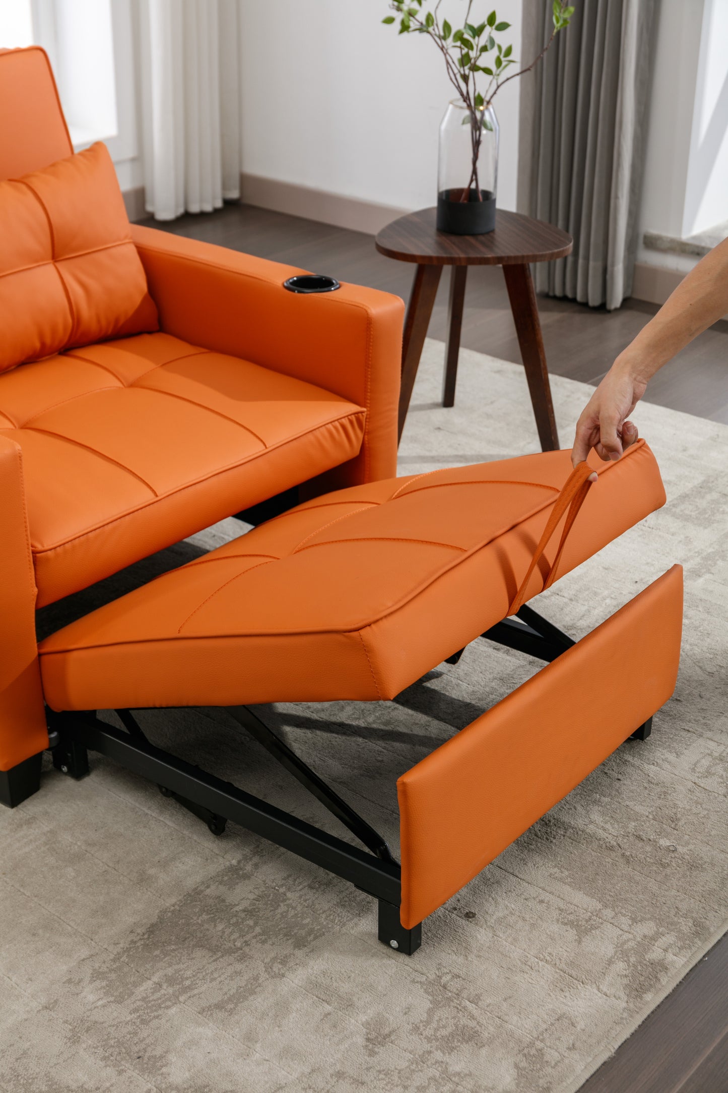 Futon Chair Bed Convertible Chair 3-in-1 Pull Out Sleeper Chair Beds with USB Ports,Wear-resistant and Anti-scratch,  Armchair Bed Sleeper for Living Room (Orange Leather)