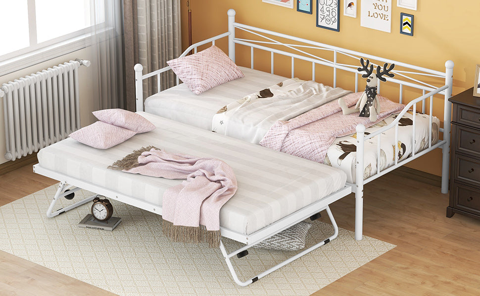 Twin Size Metal Daybed with Twin Size Adjustable Trundle, Portable Folding Trundle, White