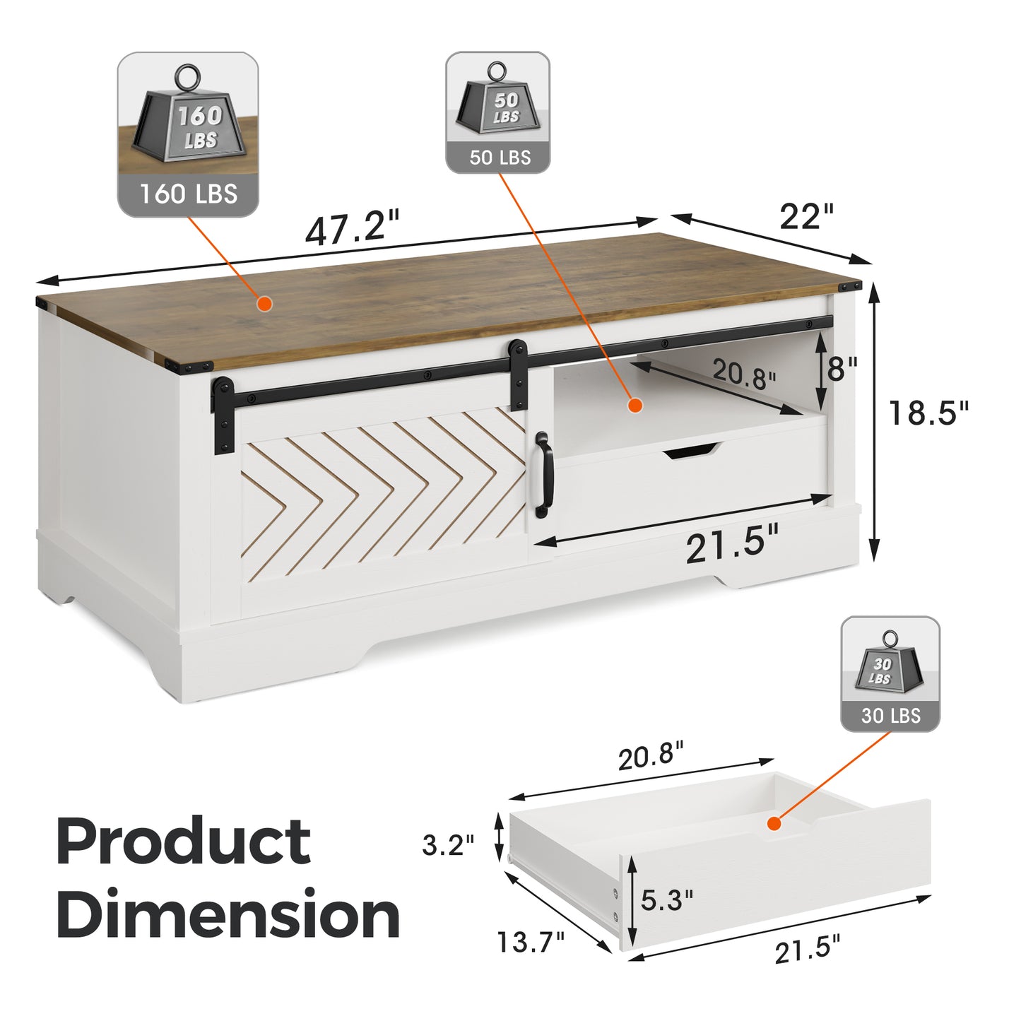 Barn Style Sliding Coffee Table with Ample Storage in White & Oak