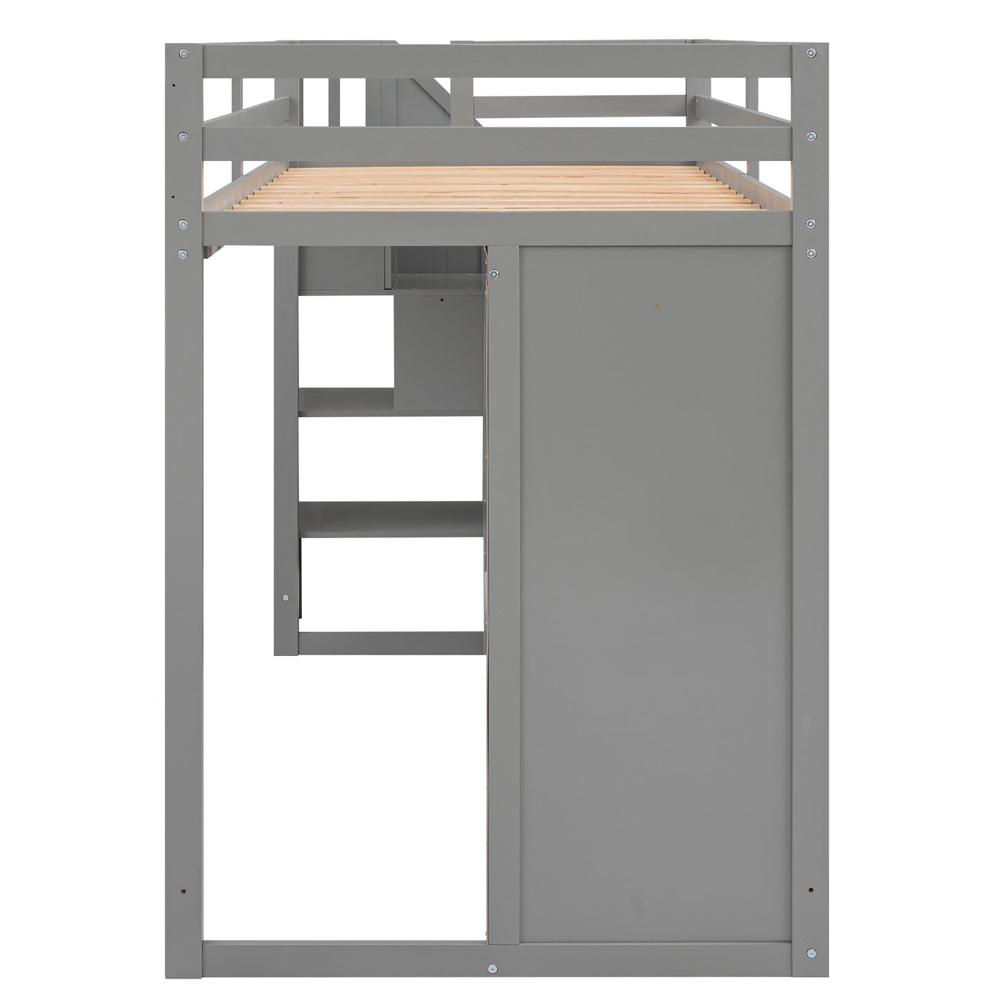 Functional Loft Bed with 3 Shelves, 2 Wardrobes and 2 Drawers,  Ladder with Storage, No Box Spring Needed, Gray