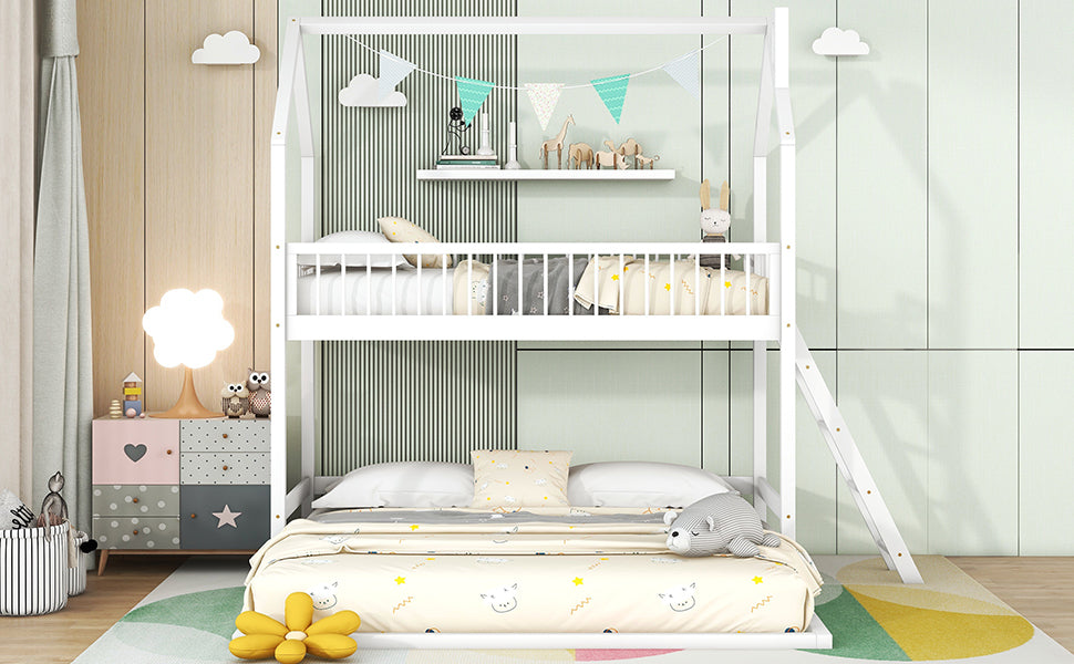 House-Shaped Twin Bunk Bed with Trundle, Ladder, and Twin Over Twin Size Sleep Space