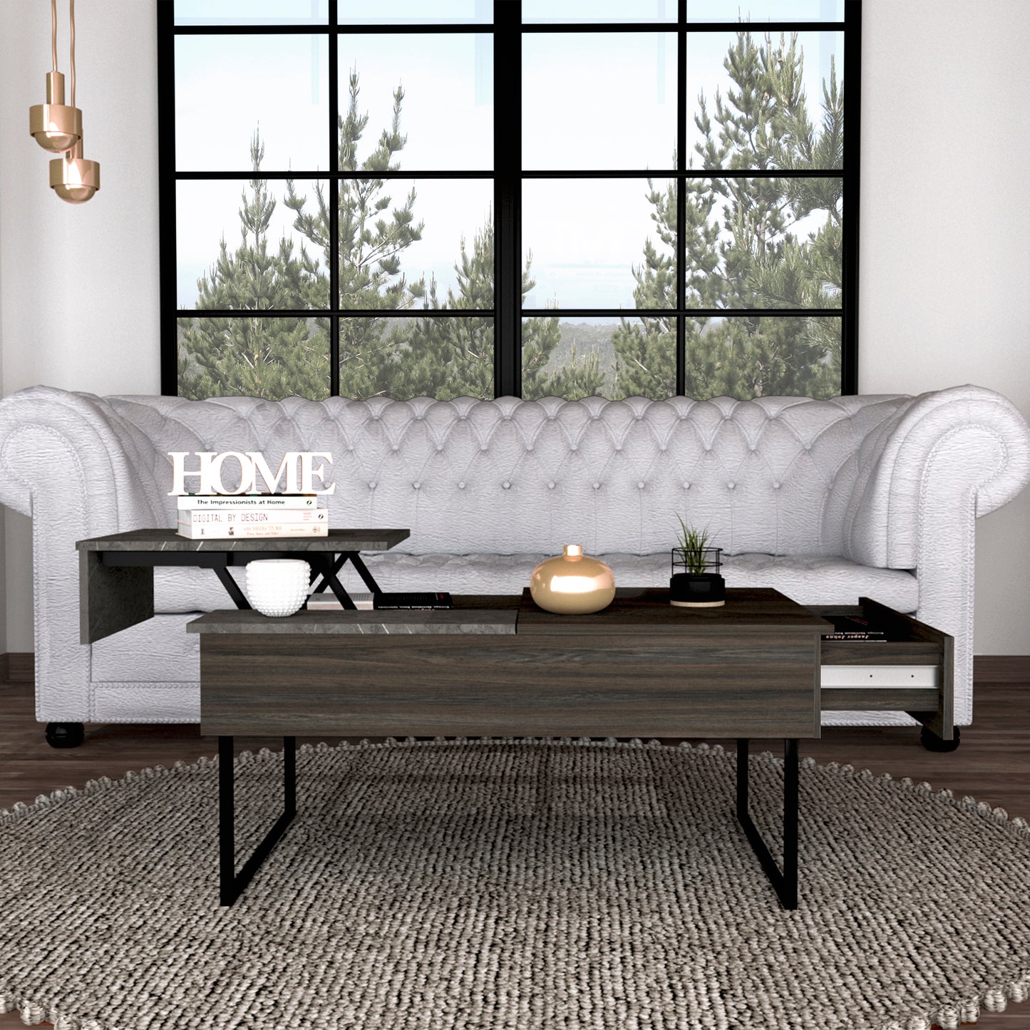 Westover Lift Top Coffee Table with Concealed Storage in Carbon Espresso and Onyx