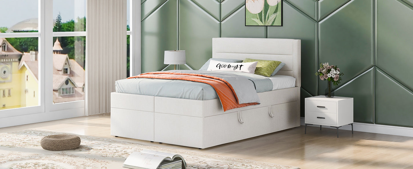 Full Size Upholstered Platform Bed with Storage Underneath, Beige