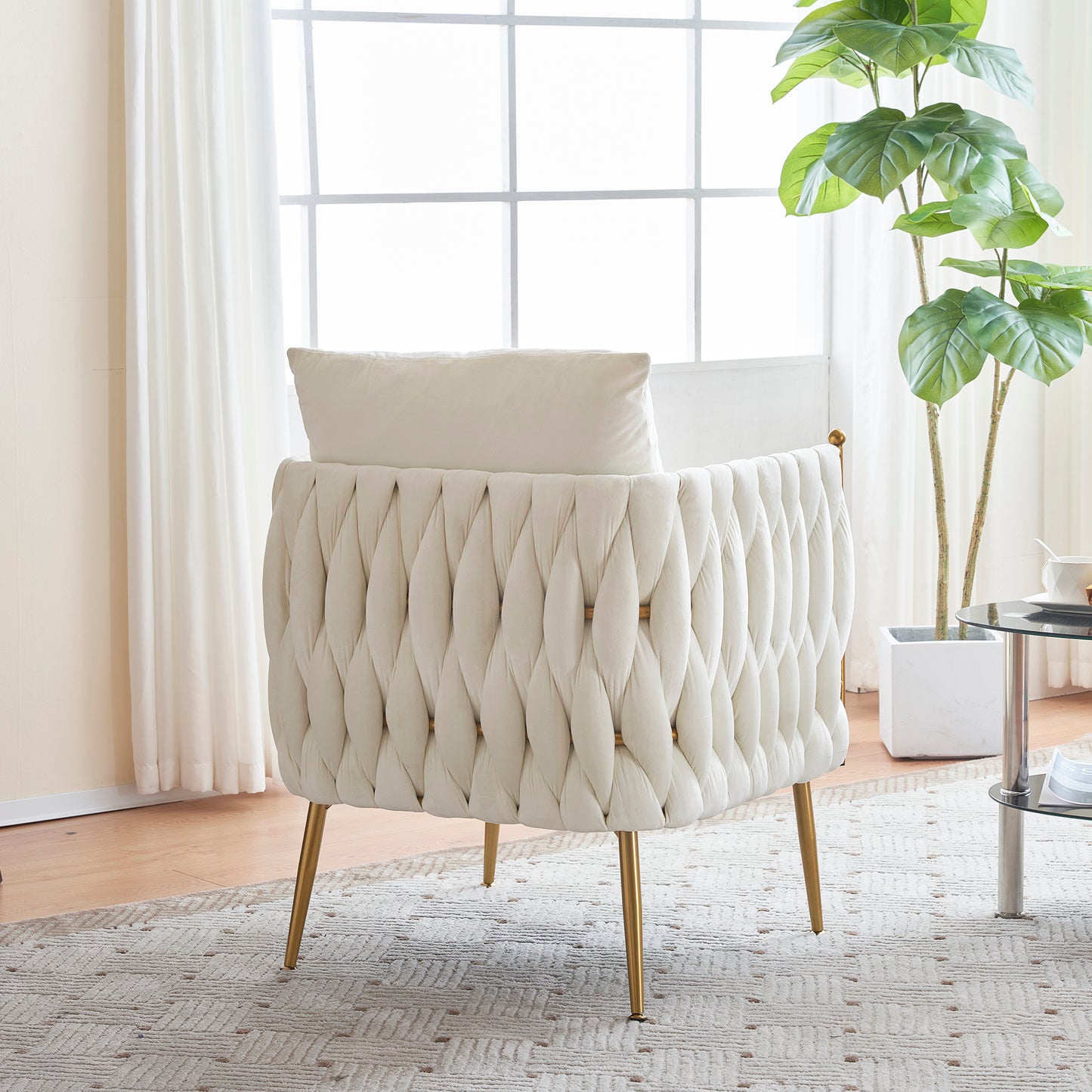 Modern Comfy Handmade Bucket Woven Velvet Accent Chair Arm Chair, Fluffy Tufted Upholstered Single Sofa Chair for Living Room, Bedroom, Office, Waiting Room, Cream White Velvet