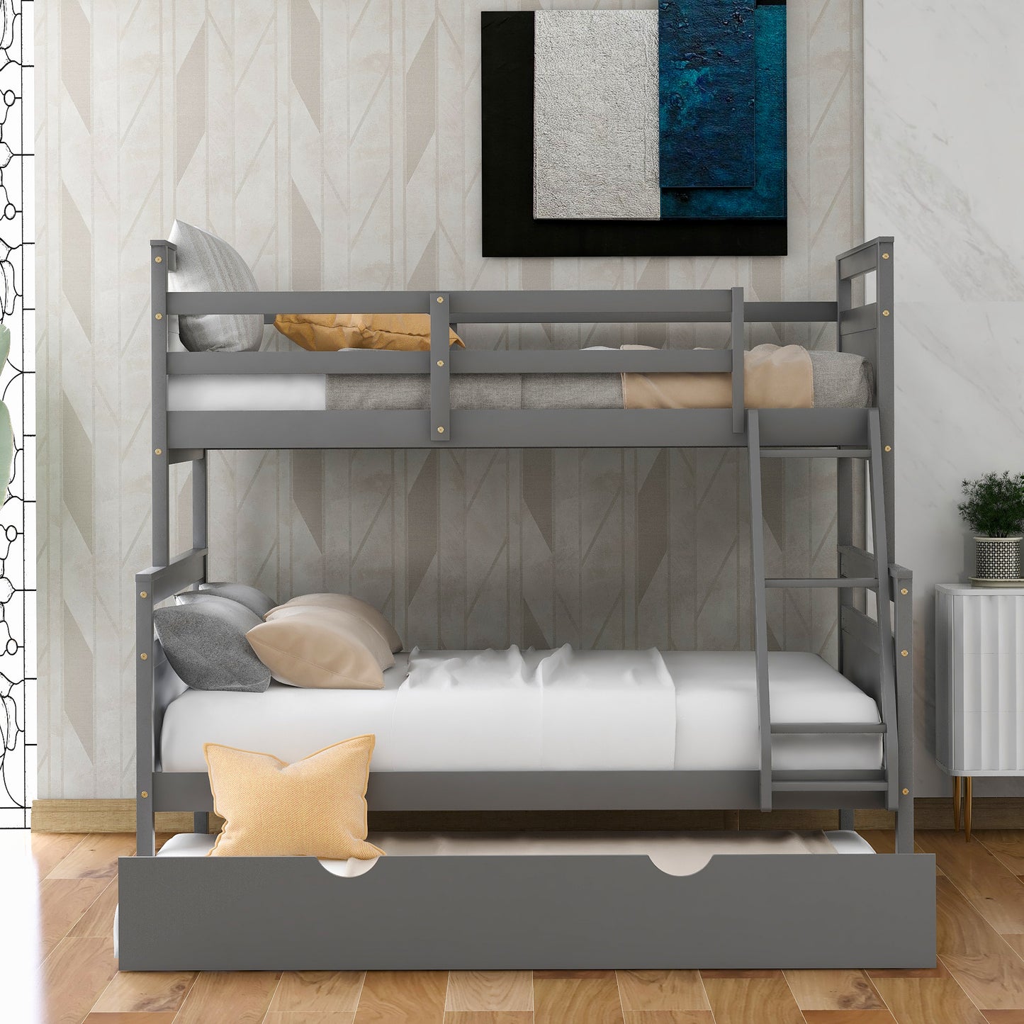 Triple Sleeper Bunk Bed with Trundle, Guardrail, Ladder, and Gray Finish