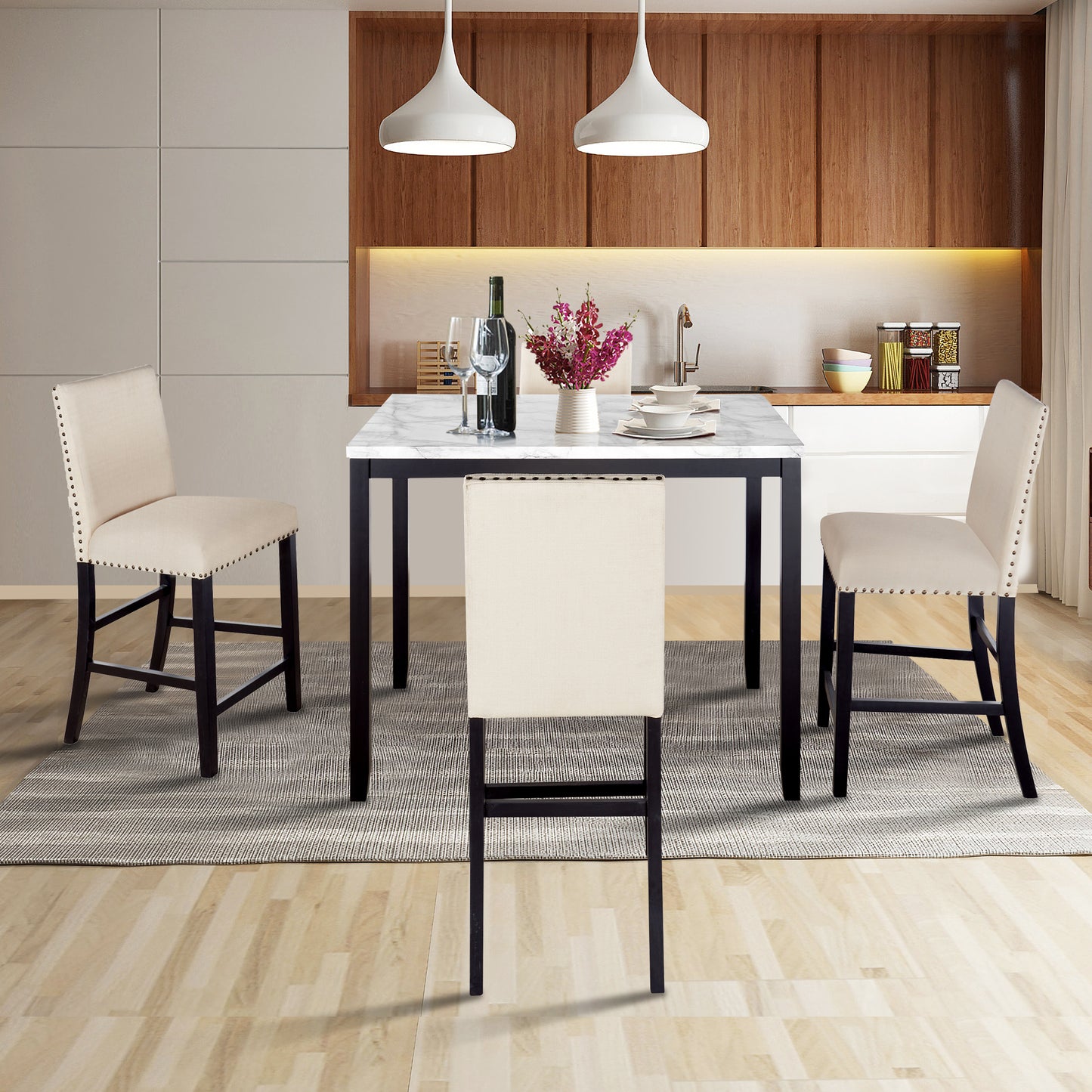 5 Piece Counter Height Faux Marble Modern Dining Set with Matching Chairs and Marble Veneer  for Home, Beige