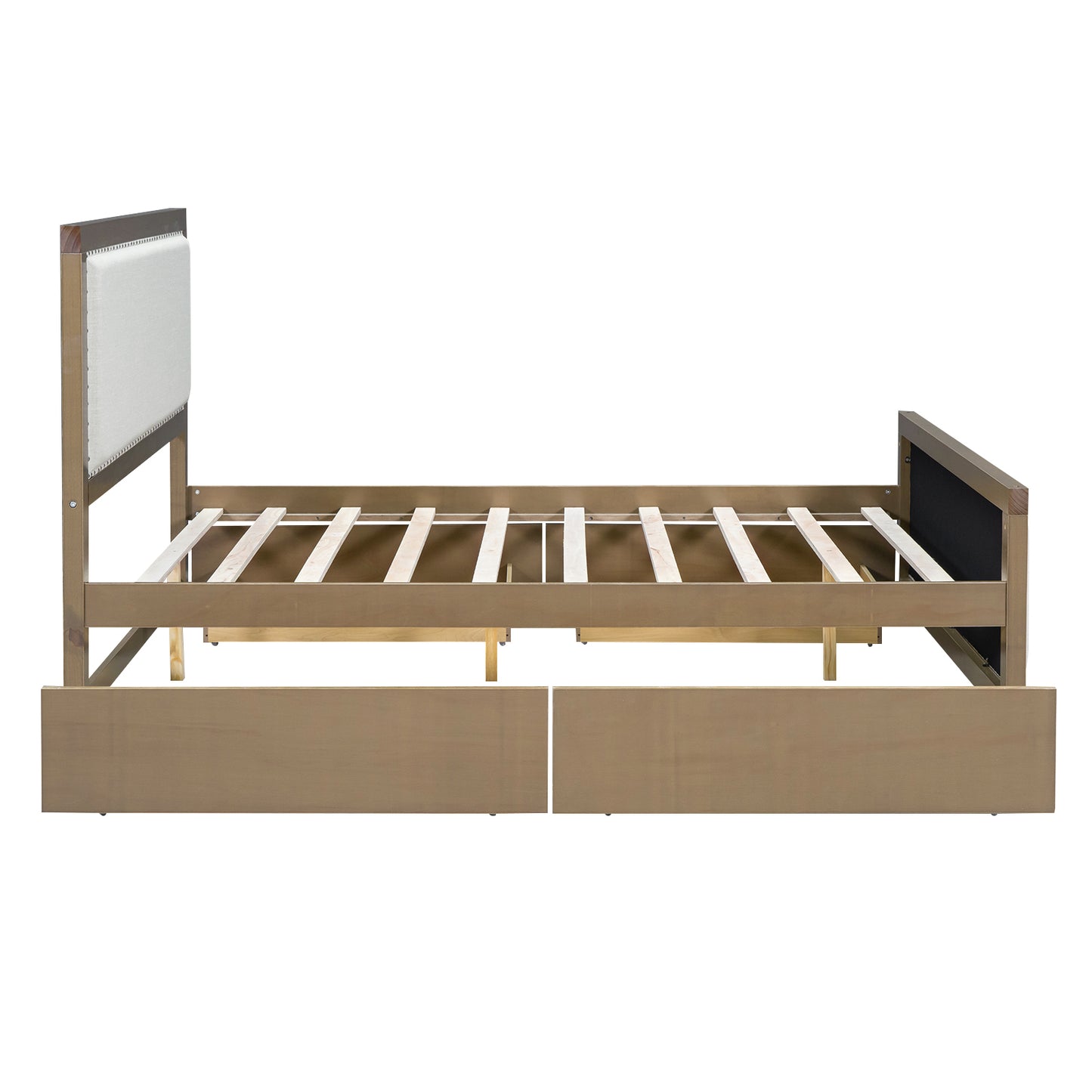 Queen Size Upholstered Platform Bed with Wood Frame and 4 Drawers, Natural Wooden+Beige Fabric