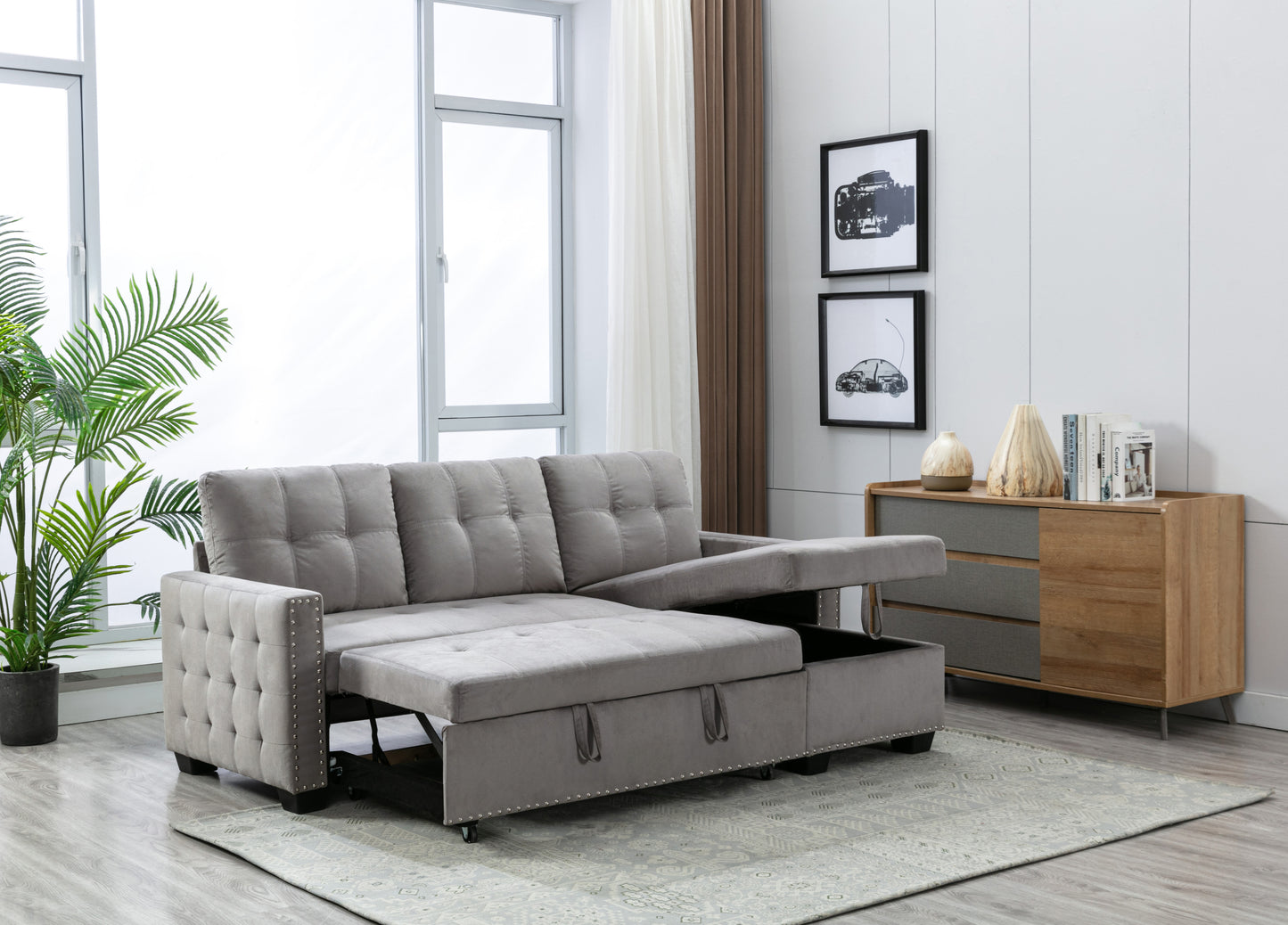 77 Inch Light Grey Reversible Sectional Sleeper Sofa Bed with Storage Chaise