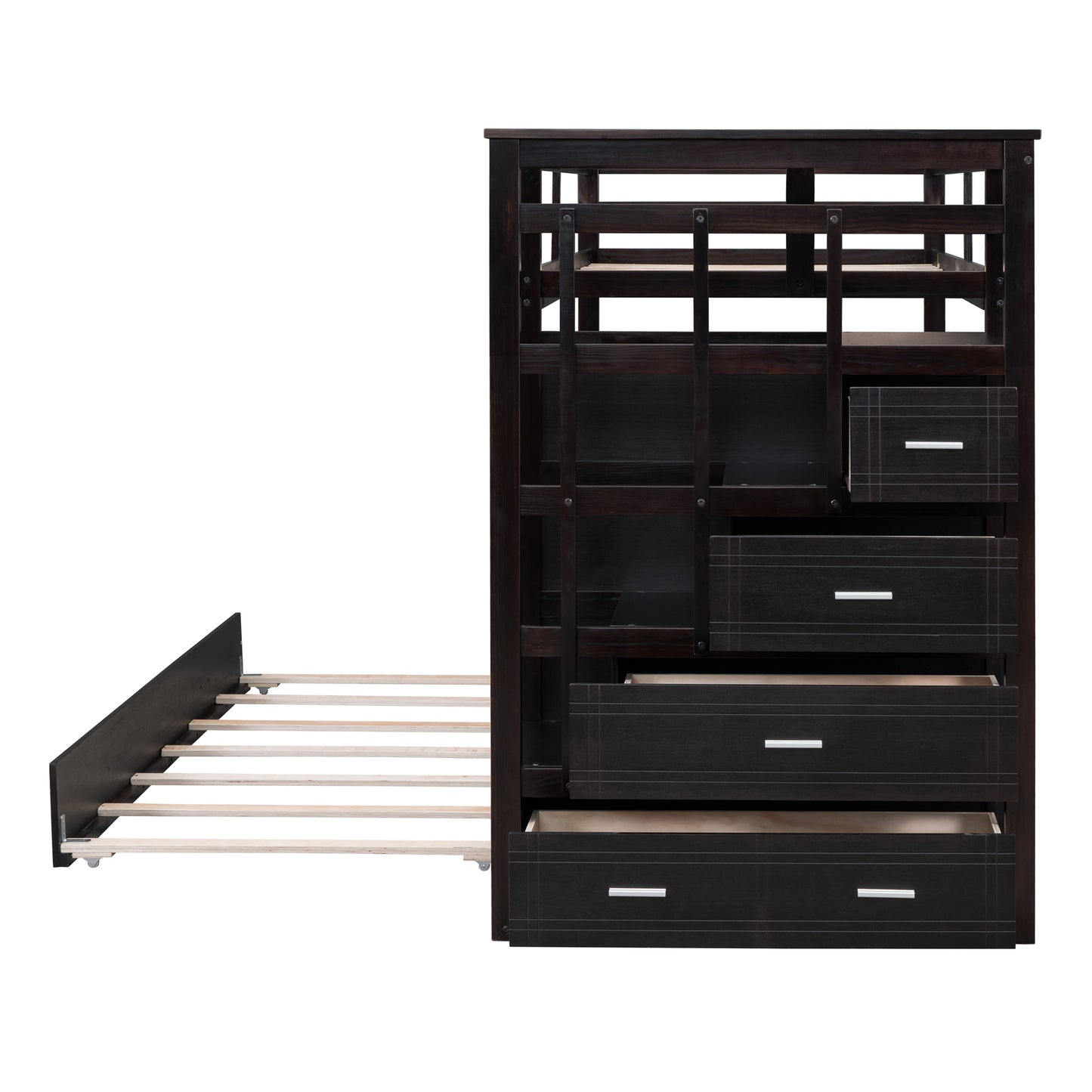 Chic Espresso Twin Bunk Bed with Trundle and Staircase